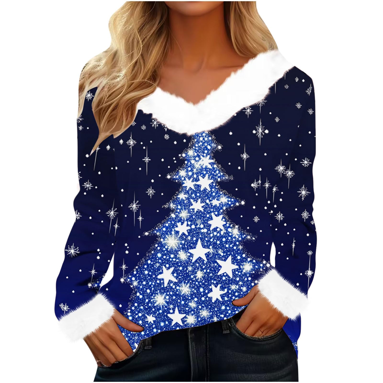 2024 Christmas Tree Print Women's Long Sleeve V-Neck Shirt - Trendy Holiday Tops for Christmas Parties, Family Gatherings & Festive Outfits