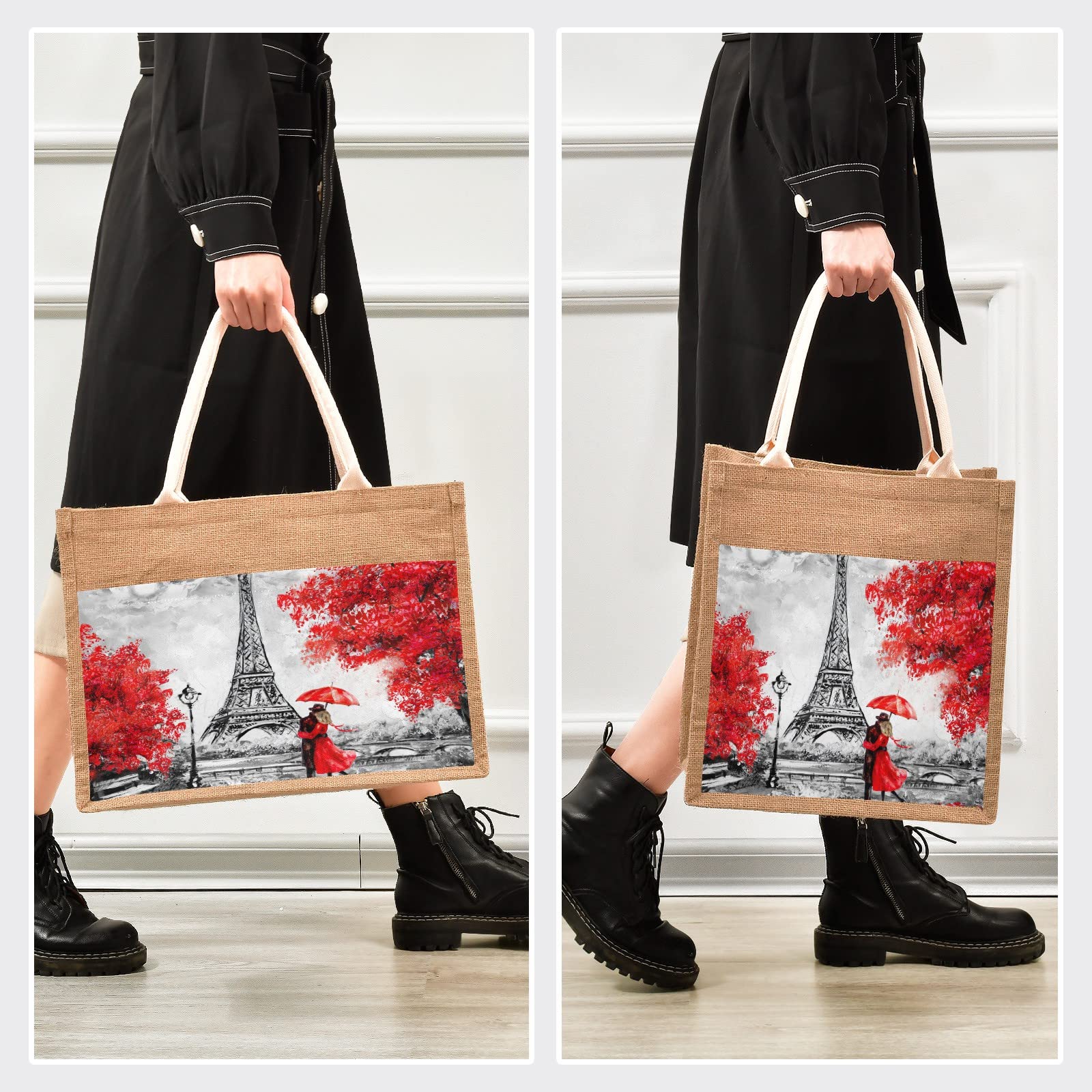 Linqin Eiffel Tower Romantic Love Jute Tote Bag - Waterproof Burlap Straw Grocery Shopping Bag for Women, Travel, Beach & Picnic - Eco-Friendly Reusable Market Tote with Parisian Design