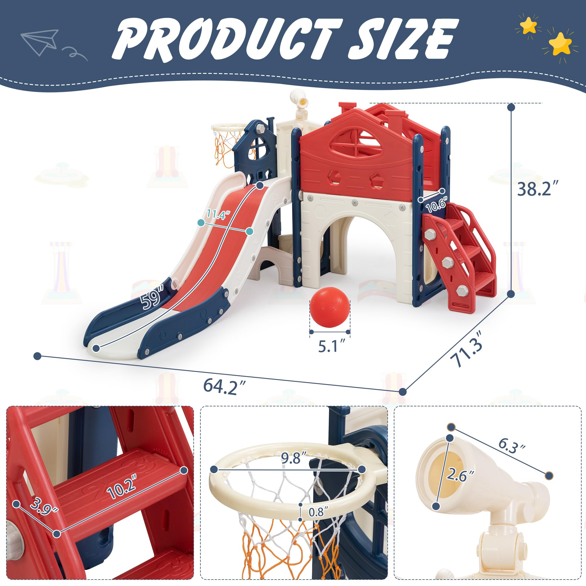 Best Toddler Slide Playset for Kids Age 1-3 - Freestanding Indoor/Outdoor Playground with Climber, Basketball Hoop, Storage Area & Fun Tunnel - Red & Blue Castle Design for Backyard, Nursery & Daycare Play