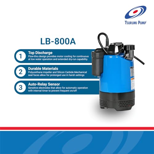 Tsurumi LB 800A 0.75kW Single Phase Portable Submersible Drainage Water Pump with Semi Vortex Impeller & Relay Unit - Max Flow 330LPM/150kPa - Ideal for Basement Flooding, Construction Sites & Agricultural Irrigation