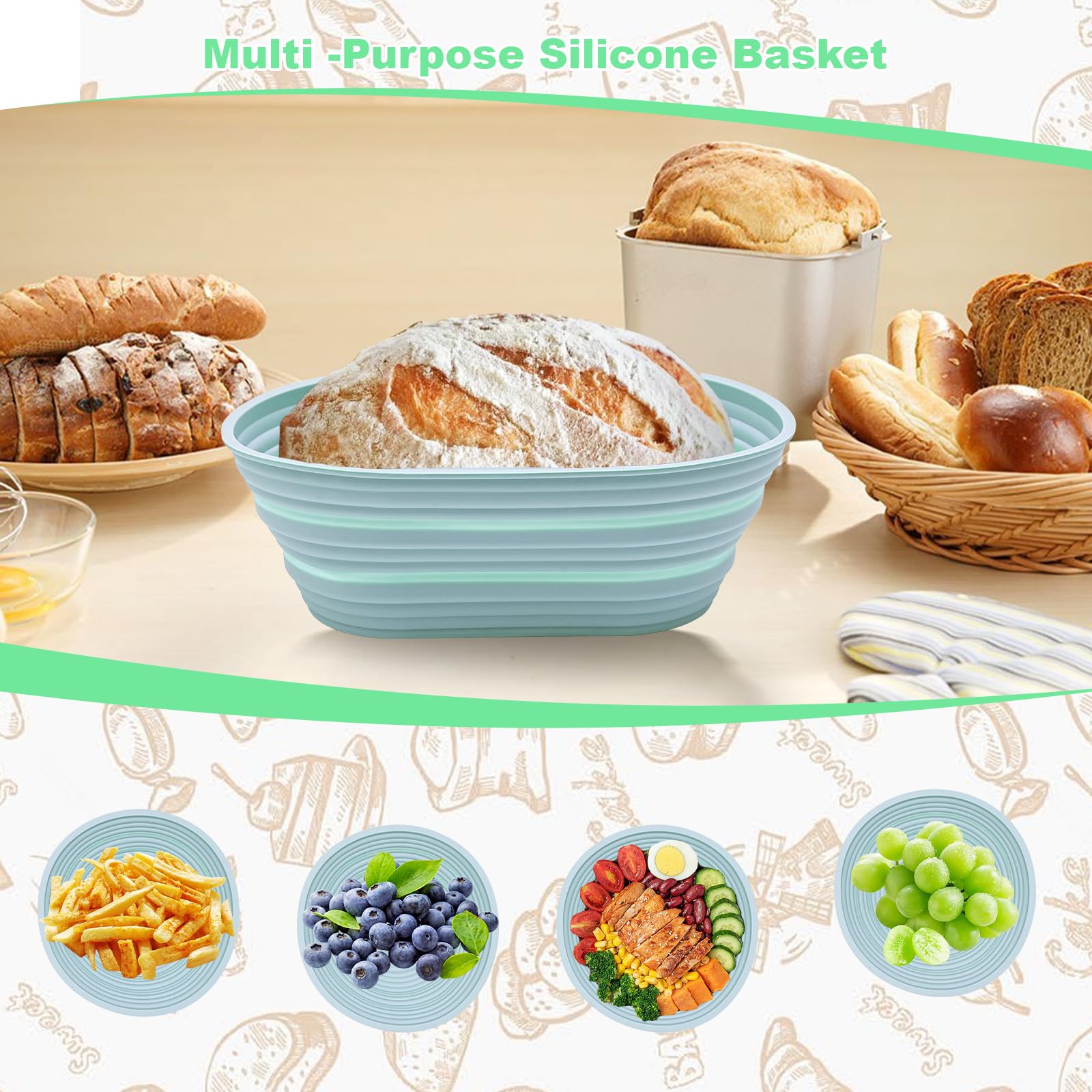 Premium Sourdough Bread Baking Kit - 2-Pack Silicone Banneton Proofing Baskets (9