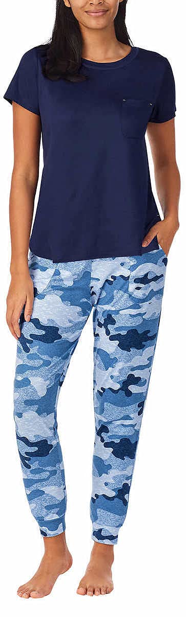 Jane & Bleecker Women's 2-Piece Jogger Pajama Set - Soft Cotton Sleepwear with Pockets (Navy Camo Print, XS) - Cozy Loungewear for Relaxing at Home & Sleepovers