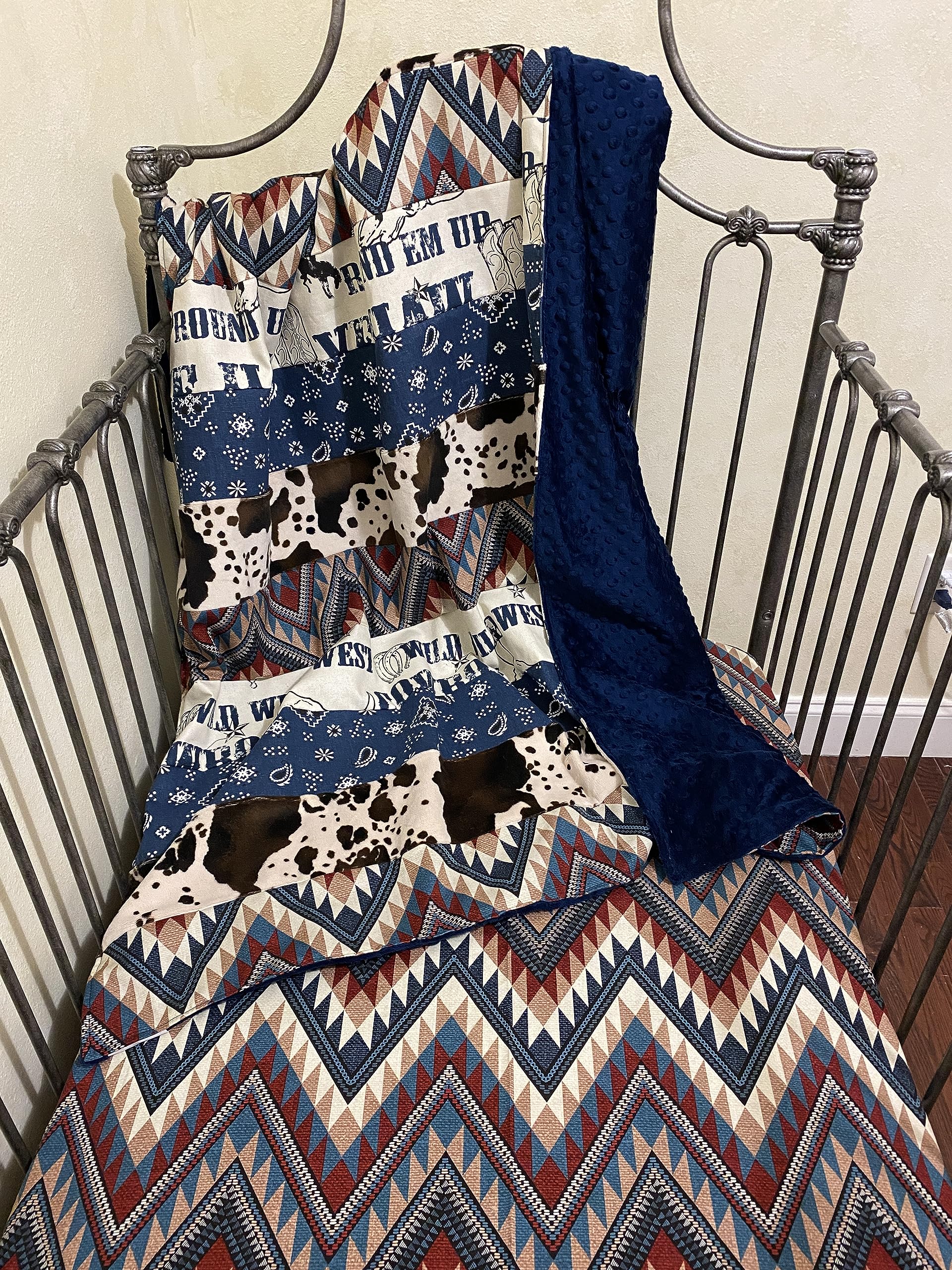 Western Cowboy Crib Bedding Set for Baby Boys - Navy Blue & Chevron Nursery Decor | Perfect for Rodeo-Themed Rooms & Western Nursery Designs