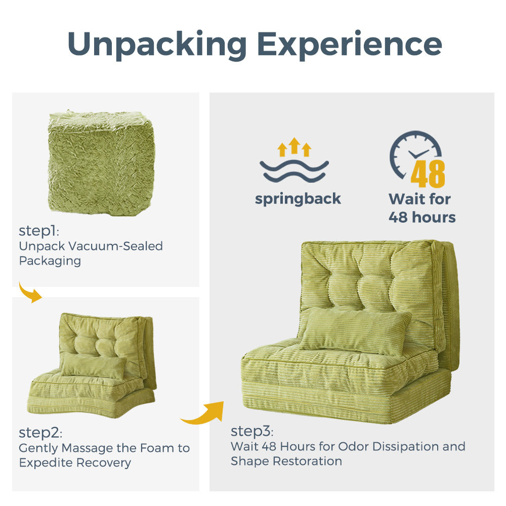 MAXYOYO Tufted Bean Bag Sofa Bed - Foldable Floor Couch with Pillows in Green | Comfortable Lounge Chair for Living Room, Bedroom & Game Room