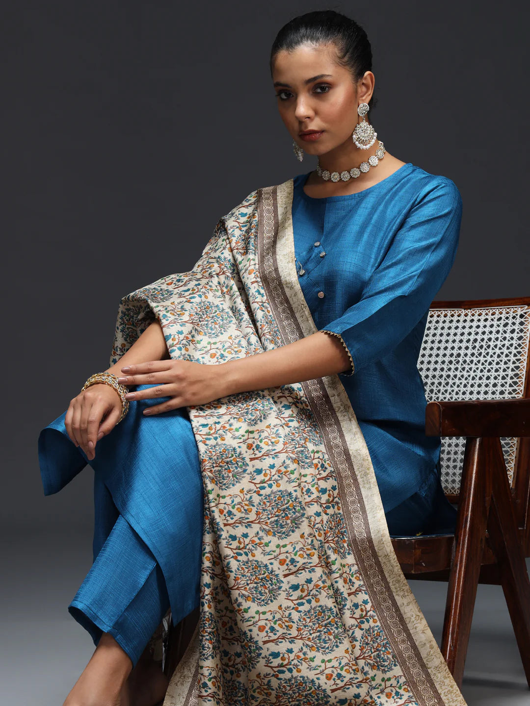 Elegant Blue Embroidered Pant Suit for Women - Formal Office Wear & Special Occasions | Designer Two-Piece Set for Business Meetings & Evening Events