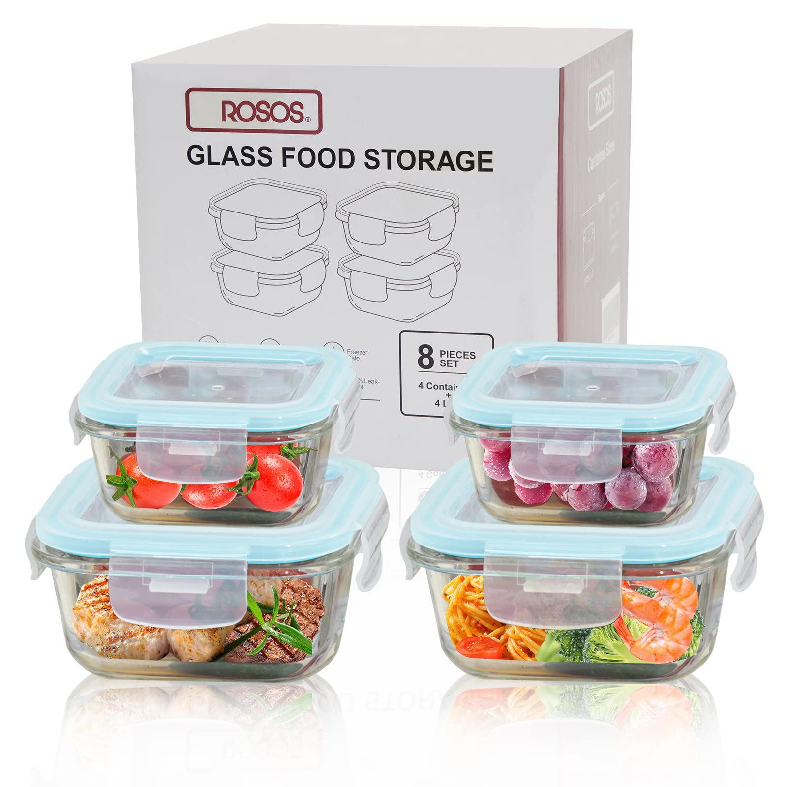 Premium 4-Pack Airtight Glass Food Storage Containers with Lids - Leakproof, Shatter-Resistant & Oven/Dishwasher Safe - Perfect for Meal Prep, Leftovers & Pantry Organization (Blue)