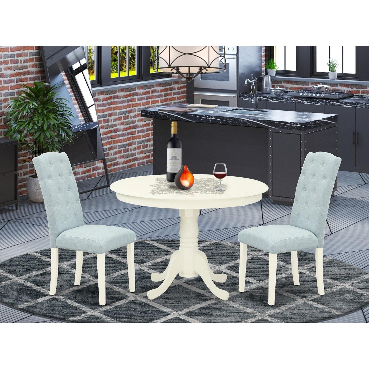 East West Furniture HLCE3-LWH-15 3-Piece Round Dining Set with Pedestal Table & 2 Baby Blue Linen Chairs, 42x42 Inch, Linen White - Perfect for Small Spaces, Breakfast Nooks & Cozy Apartments