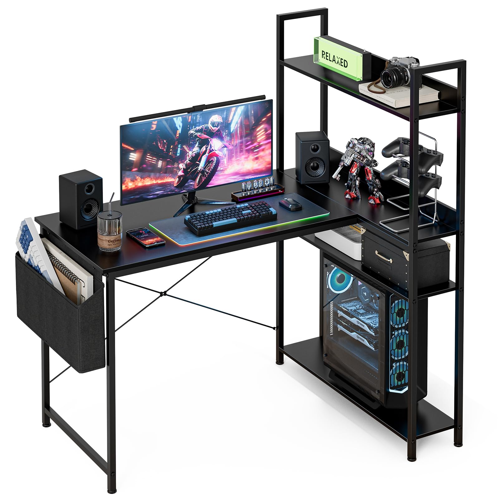 40 Inch L-Shaped Computer Desk with Reversible Storage Shelves - Black Home Office Corner Desk with Hutch for Study, Writing & Work | Perfect for Small Spaces & Gaming Setups