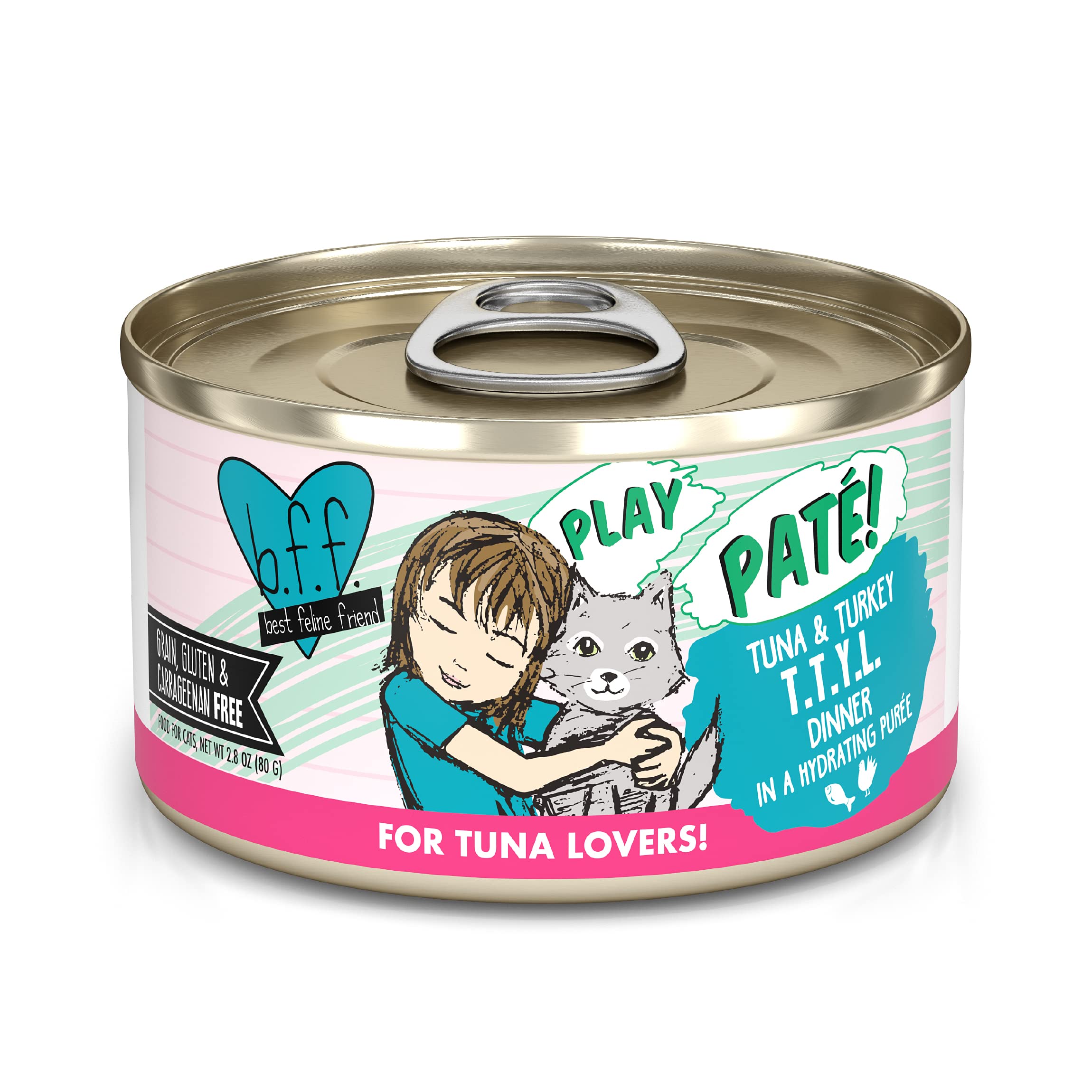 Weruva B.F.F. Play Best Feline Friend Pate Cat Food - Tuna & Turkey Recipe in 2.8oz Cans (Pack of 12) - Grain-Free Wet Cat Food for Adult Cats - Perfect for Mealtime or Treats at Home