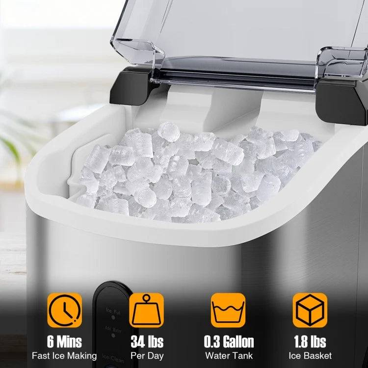 Nugget Countertop Ice Maker - Portable Pellet Ice Machine with Soft Chewable Ice, Silver - Perfect for Home Bars, Offices, and Outdoor Parties