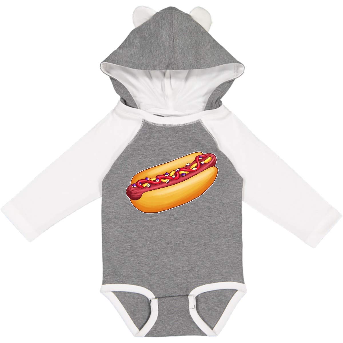 Inktastic Hot Dog Graphic T-Shirt - Long Sleeve Creeper with Mustard & Onions Design - Casual Wear for BBQ Parties & Food Lovers