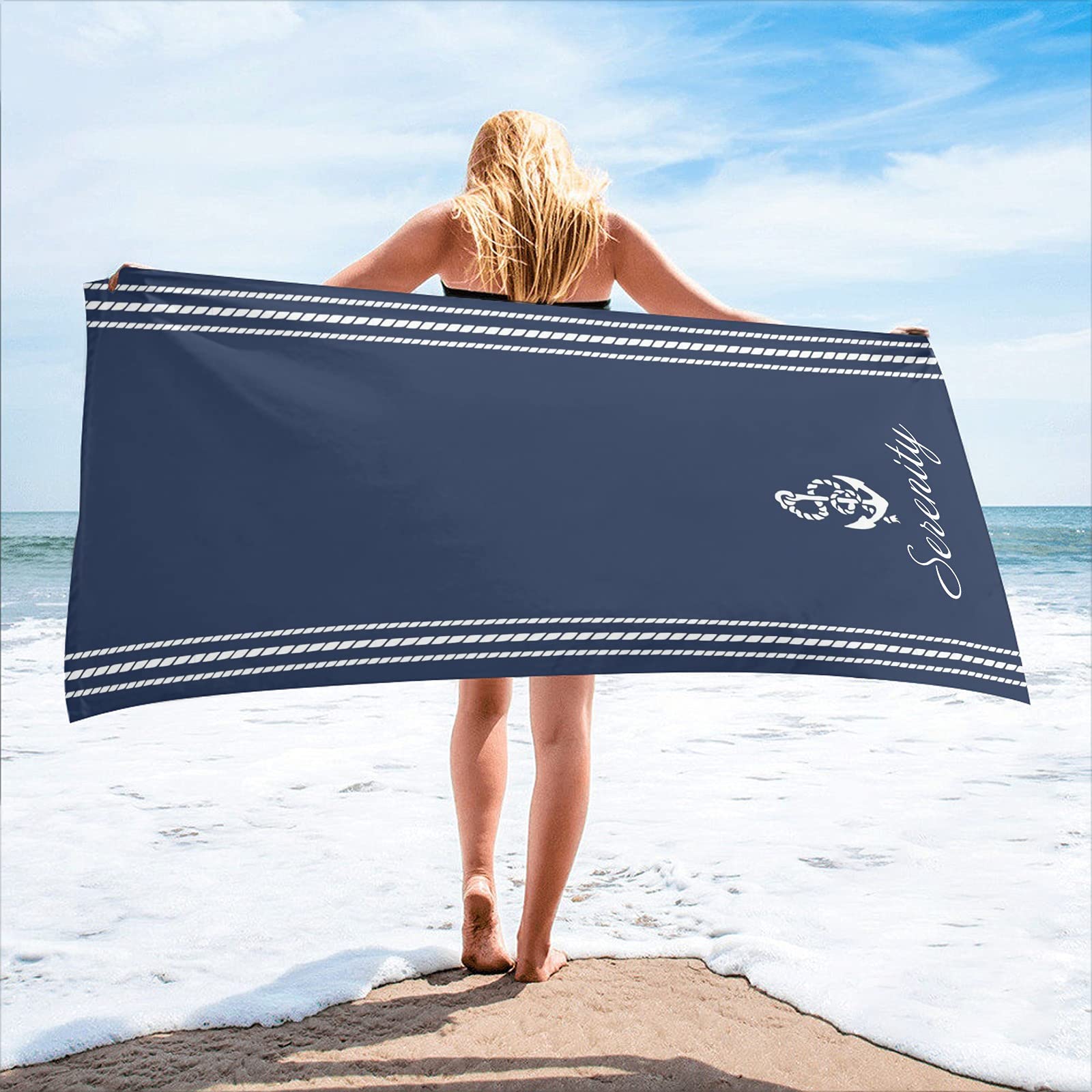 Custom Name Beach Towel - Nautical Anchor Design Blue Bath Towel 30x60 Inch for Kids & Adults - Quick Dry, Two-Sided Print - Perfect for Swimming, Sports & Beach Vacations