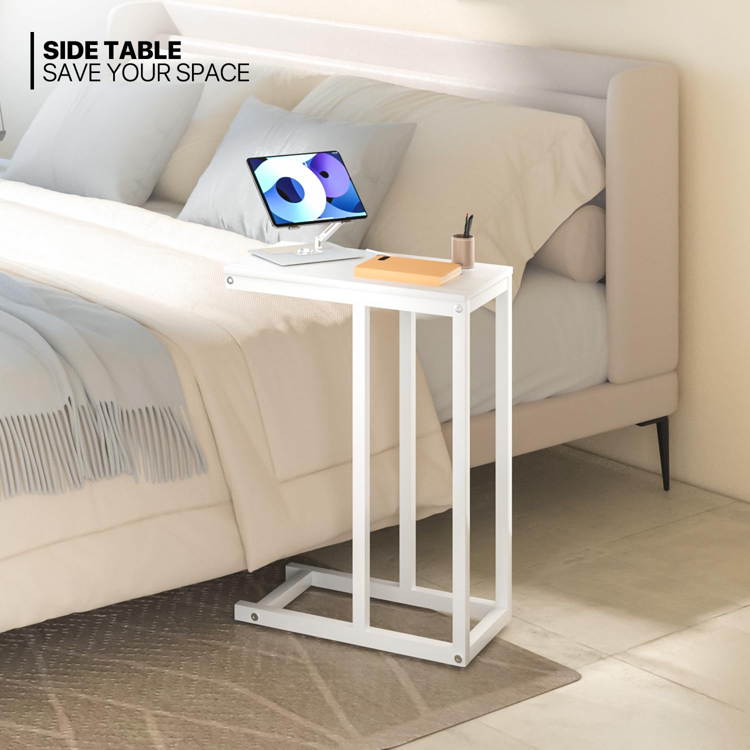 MoNiBloom C-Shaped End Table - Slide Under Couch Side Table with Sturdy Metal Frame for Living Room, Bedroom, Office - White - Perfect for Small Spaces, Sofa Snacking & Nightstand Use