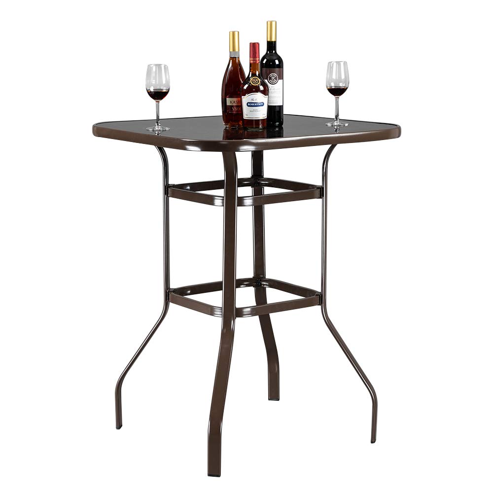 **Outdoor Bar Table - 36 Inch Square High Top Bistro Table with Metal Frame & Tempered Glass Top - Patio Pub Table for Deck, Poolside, Garden, Porch - Perfect for Outdoor Dining & Entertaining (Brown)**
