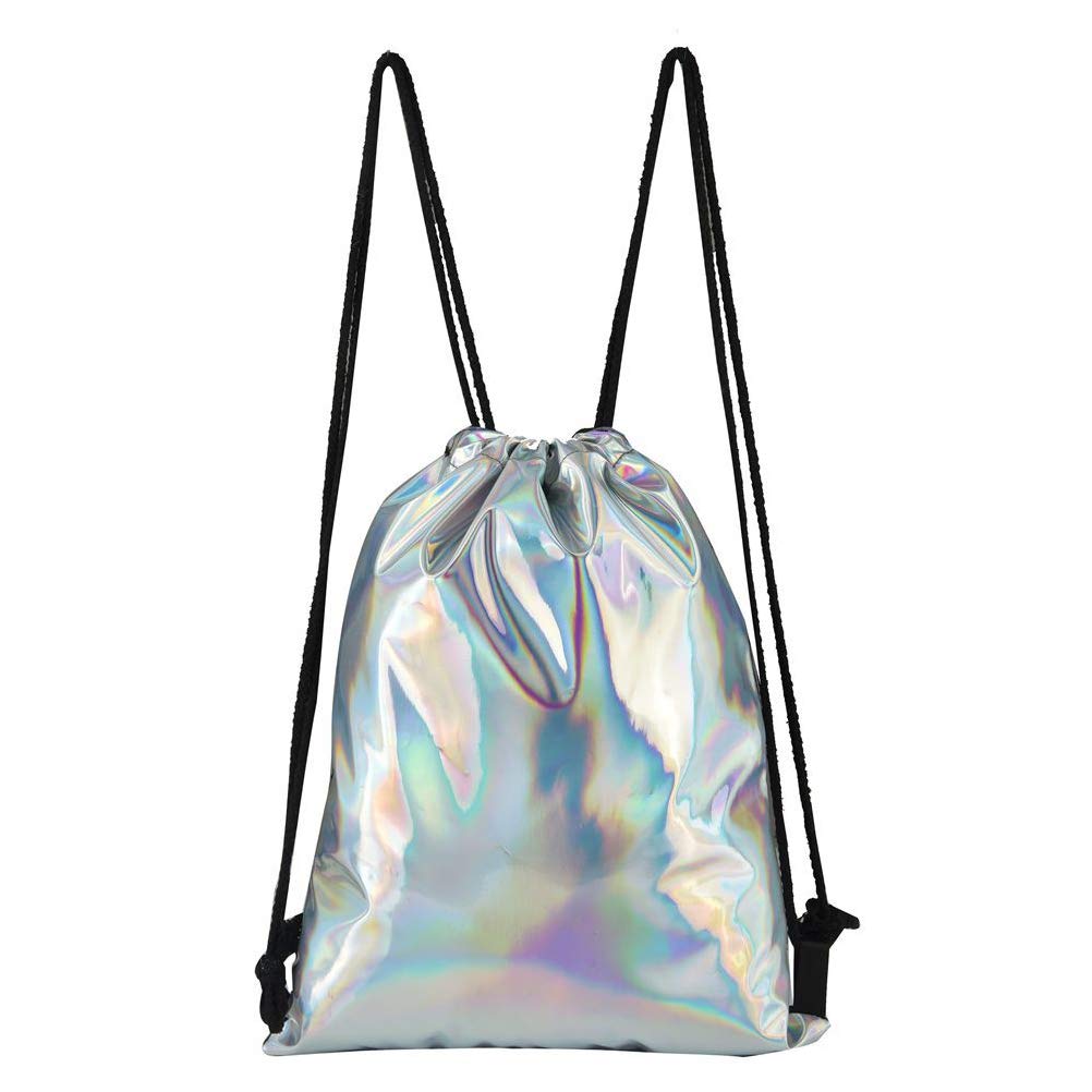 VALICLUD Holographic Drawstring Backpack - Shiny Silver Gym Bag, Metallic Rucksack for Men & Women | Perfect for Sports, Yoga, Travel & Daily Use