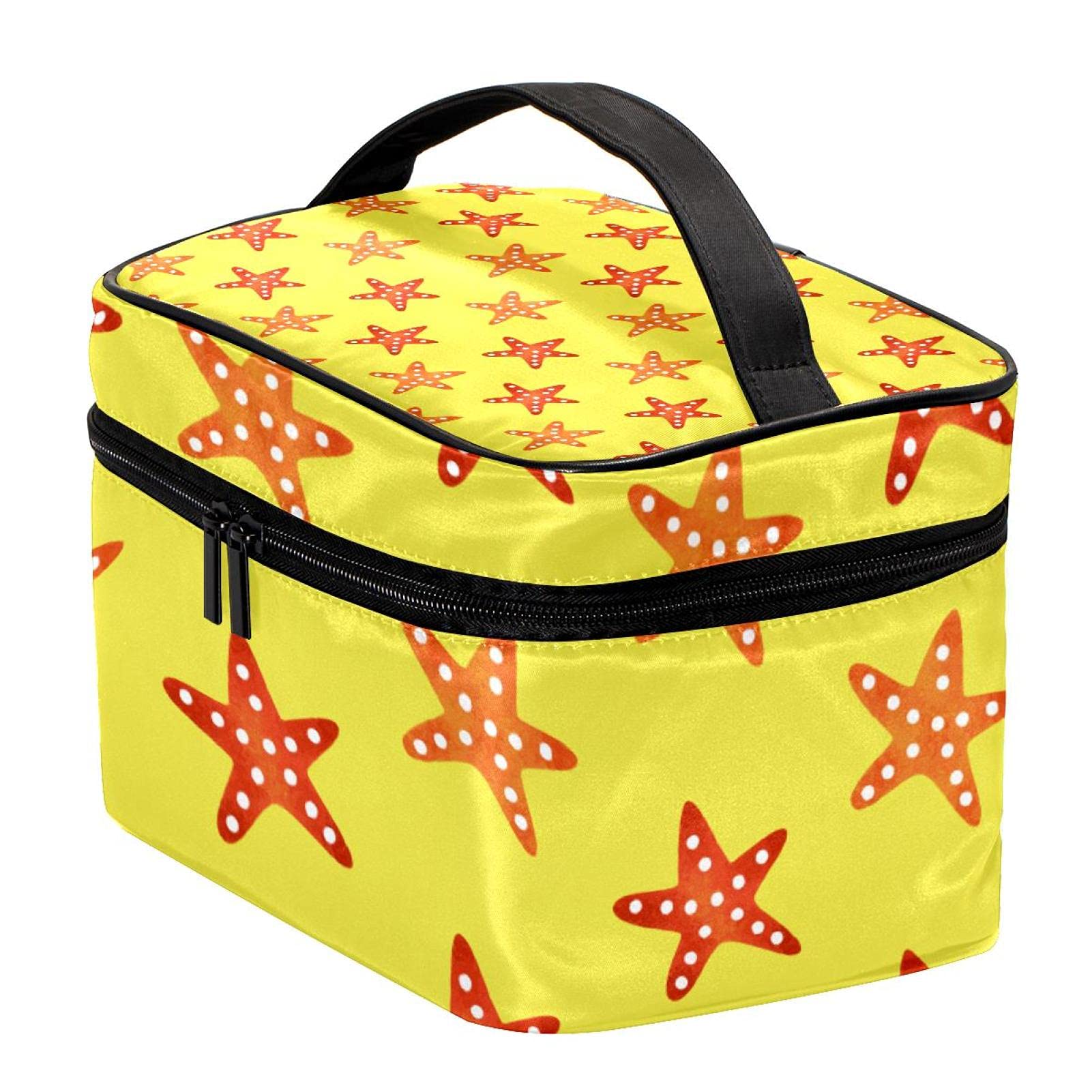 Yellow Starfish Pattern Large Travel Makeup Bag - Waterproof Cosmetic Organizer with Zipper for Women & Girls - Perfect for Beach Trips, Vacations & Daily Makeup Storage