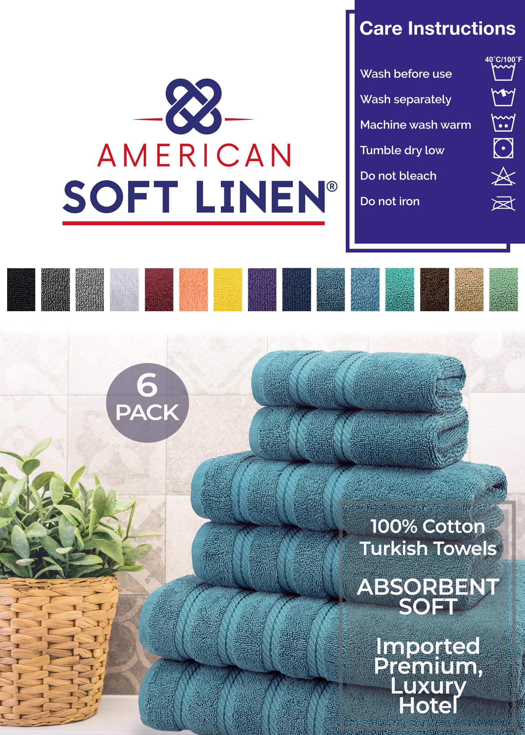Premium 6-Piece 100% Carded Cotton Turkish Towel Set - 590 GSM Heavyweight, Ultra Soft & Absorbent Bath Towels for Spa, Beach & Gym - Teal Green