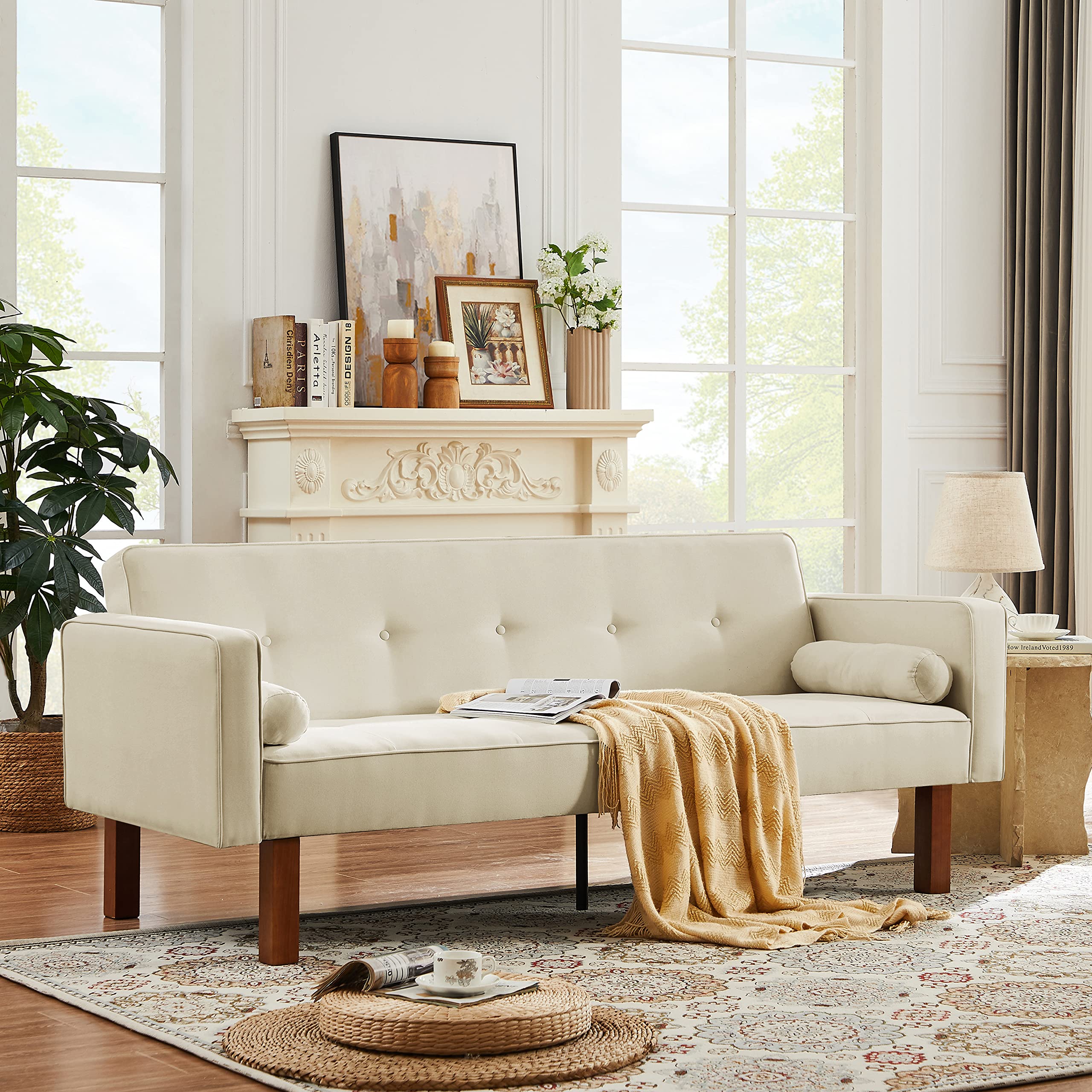 Anwick Modern Fabric Sofa Bed Futon - Convertible Sleeper Loveseat with 2 Pillows & Armrests, 75