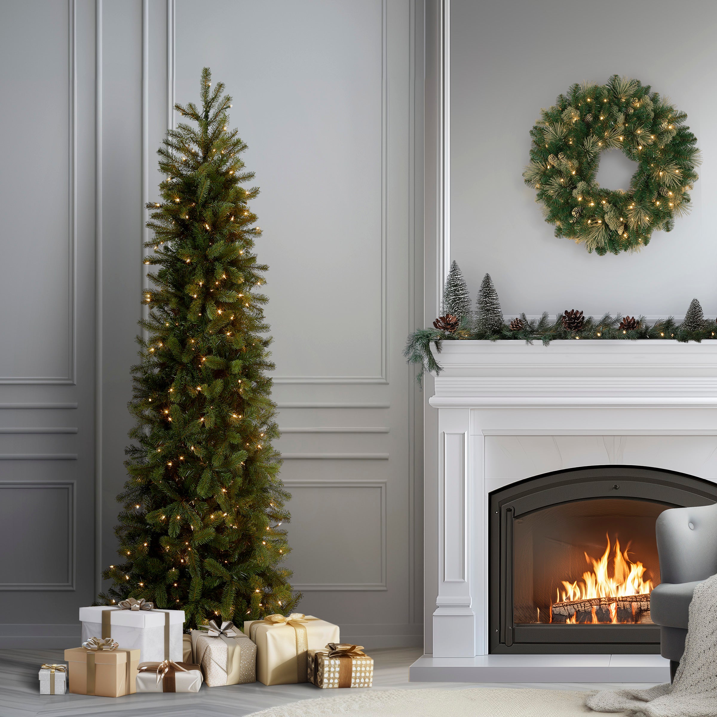 6.5 ft Pre-Lit Downswept Douglas Fir Pencil Slim Christmas Tree with 300 Clear LED Lights - Perfect for Small Spaces & Holiday Decor