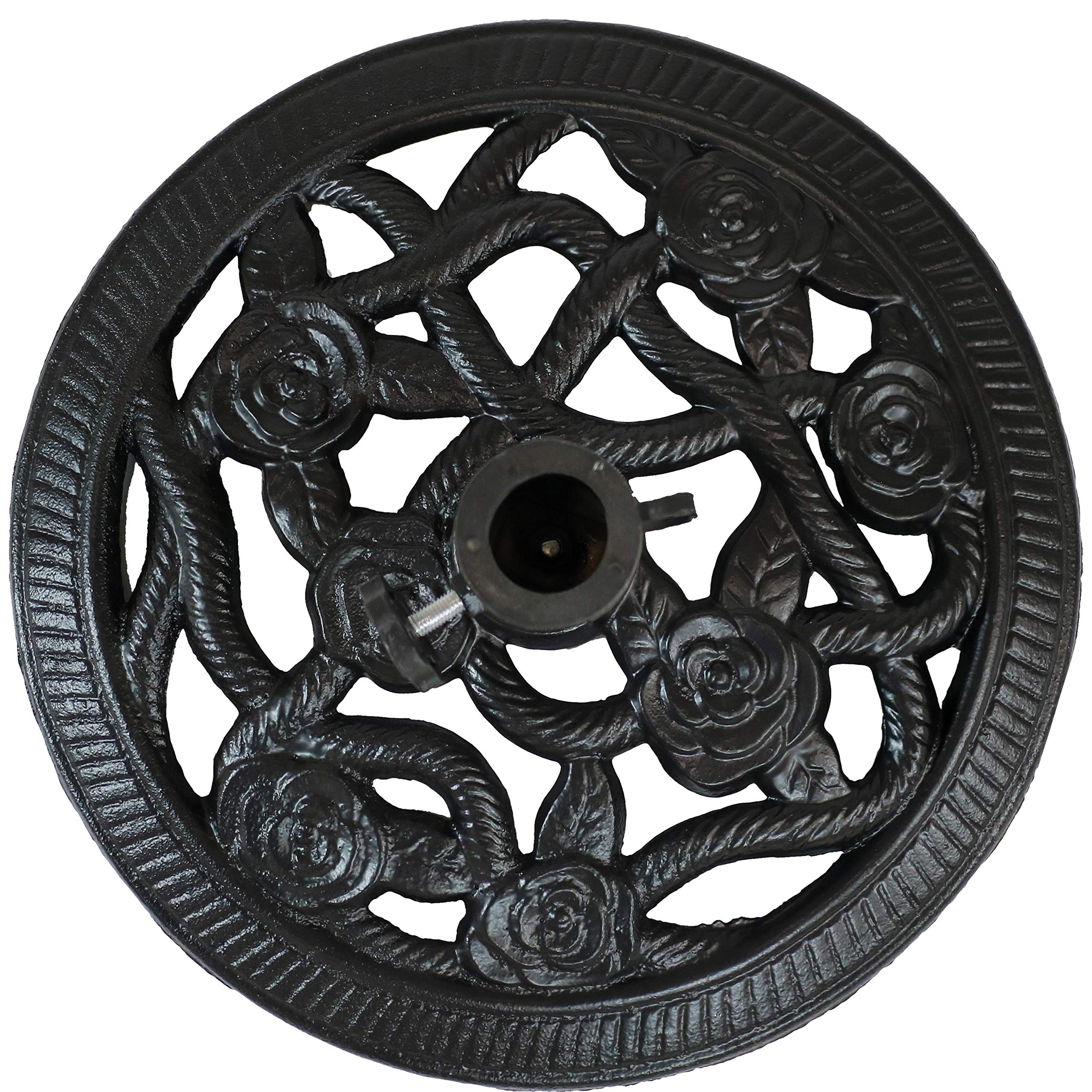 Heavy Duty Cast Iron Patio Umbrella Base Stand with Decorative Rose Blossom Design - 16-Inch Diameter Black Outdoor Umbrella Weight - Perfect for Garden, Poolside & Backyard Relaxation