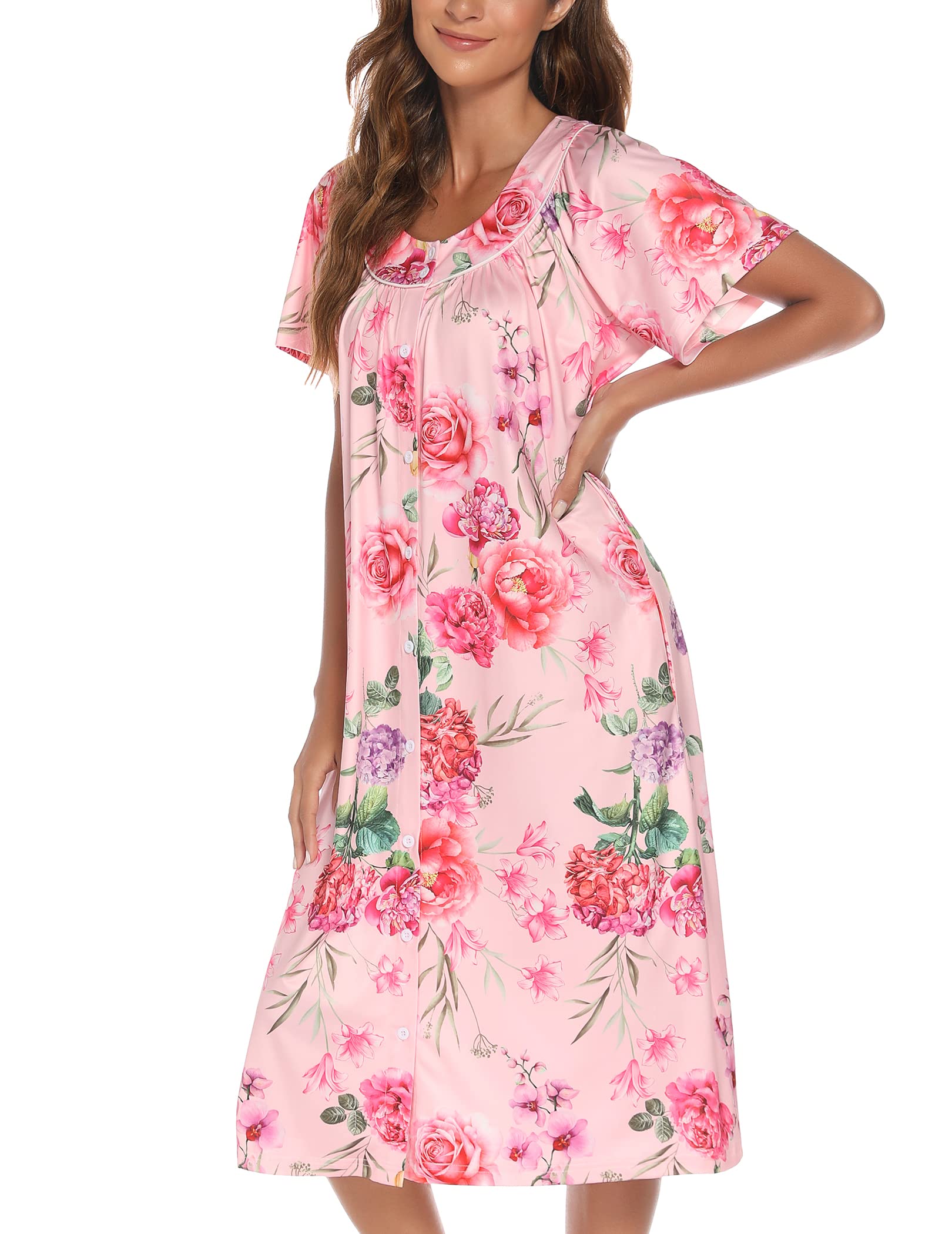 YOZLY Women's Short Sleeve House Dress - Comfortable Mumu Duster Robe with Pockets | Perfect for Lounging at Home, Morning Coffee & Relaxing Weekends