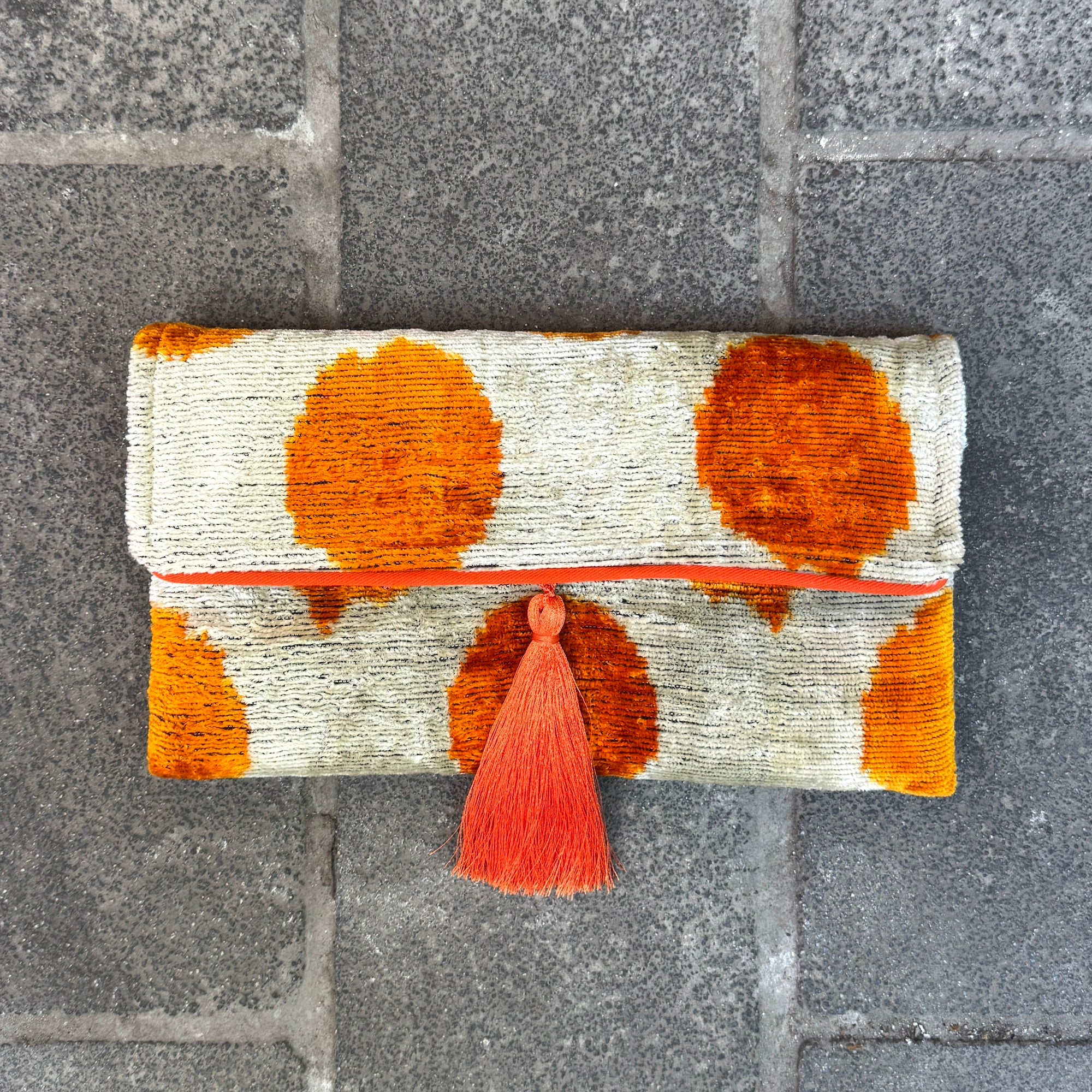 Stylish Ikat Print Clutch Bag with Polka Dots - Vibrant Orange Handbag for Women | Perfect for Parties, Weddings & Evening Events
