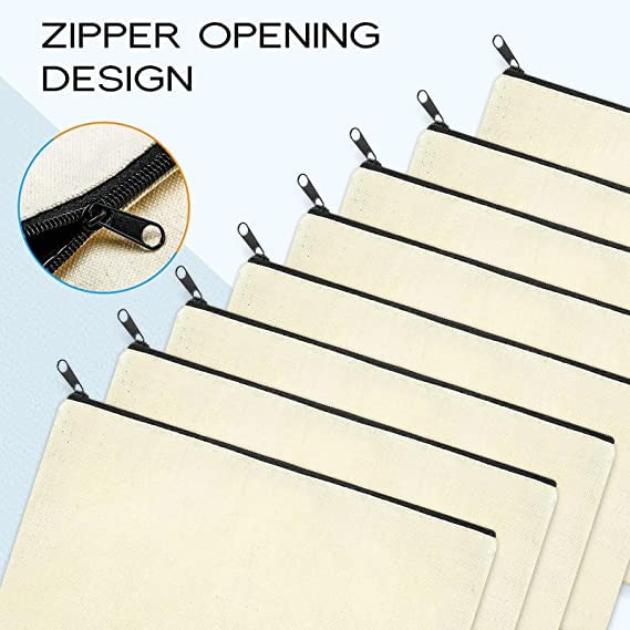 DIY Natural Cotton Canvas Makeup Pouch - Blank Zippered Toiletry Bag for Travel, Stationery & Crafts | Eco-Friendly Pen Pencil Case | Perfect for School, Office & Gift Giving (White, Pack of 8)