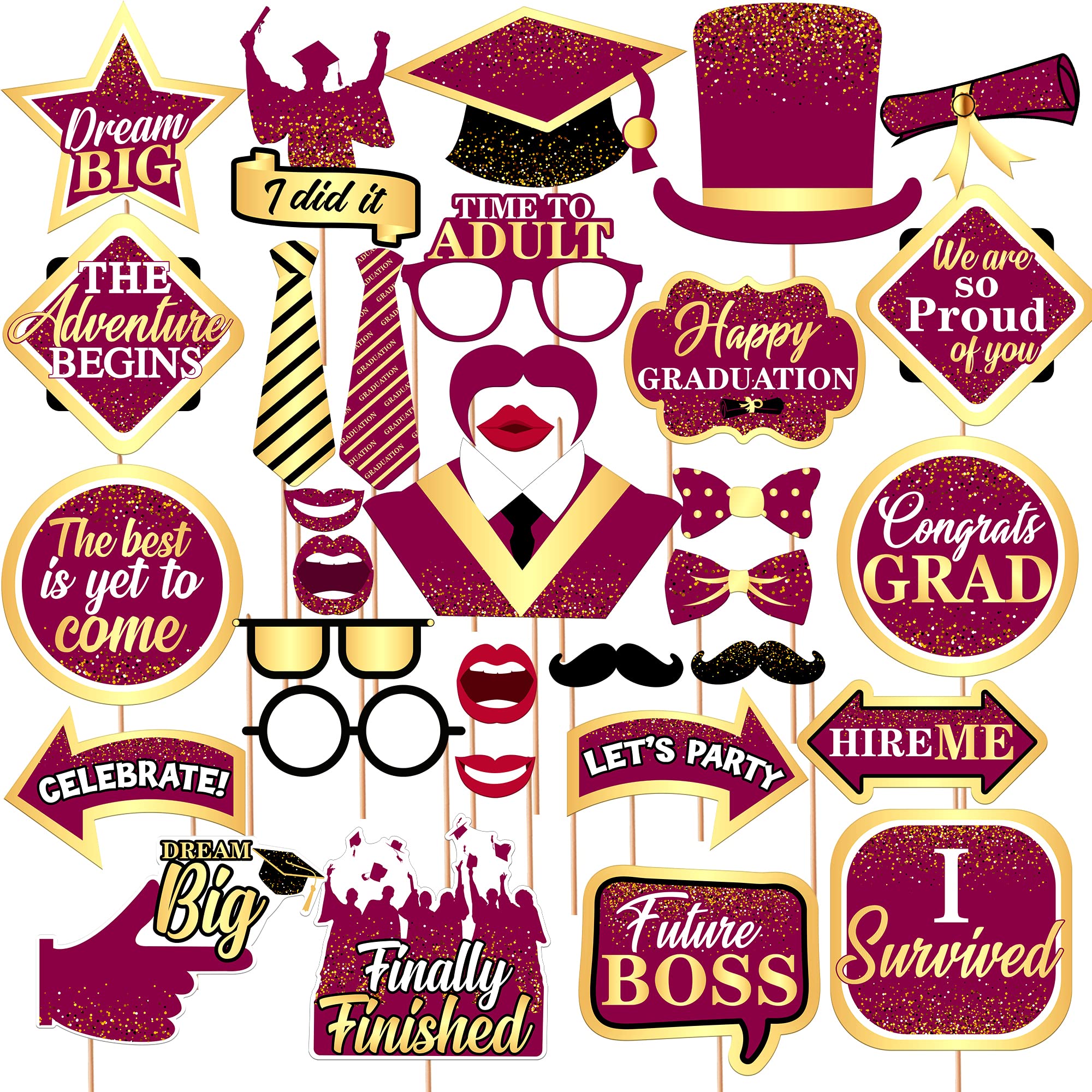 30-Pack Maroon Graduation Photo Booth Props 2022 - Burgundy Graduation Party Decorations for Cap & Gown Celebrations, Senior Year Memories, and Commencement Ceremony Backdrops