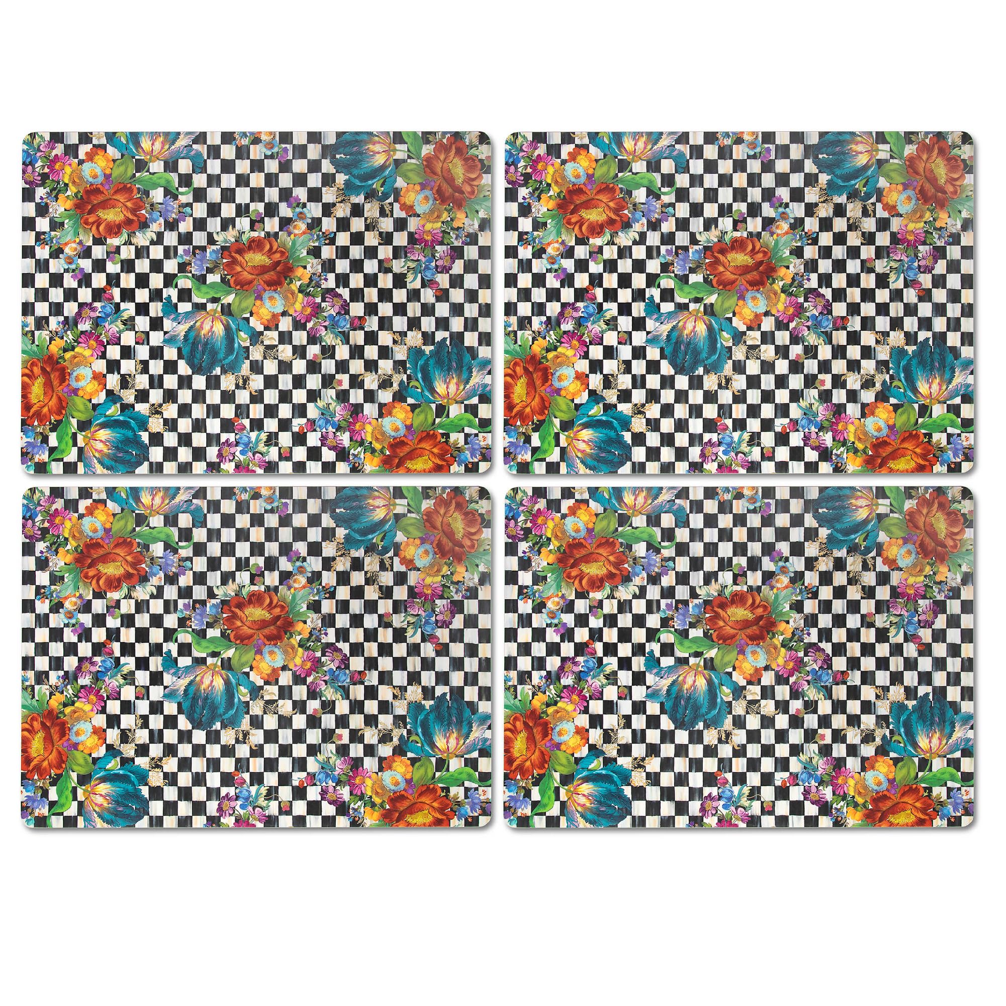 MACKENZIE-CHILDS Cork-Back Washable Placemats Set of 4 - Courtly Flower Market Design for Dining Table Decor, Kitchen, and Party Use