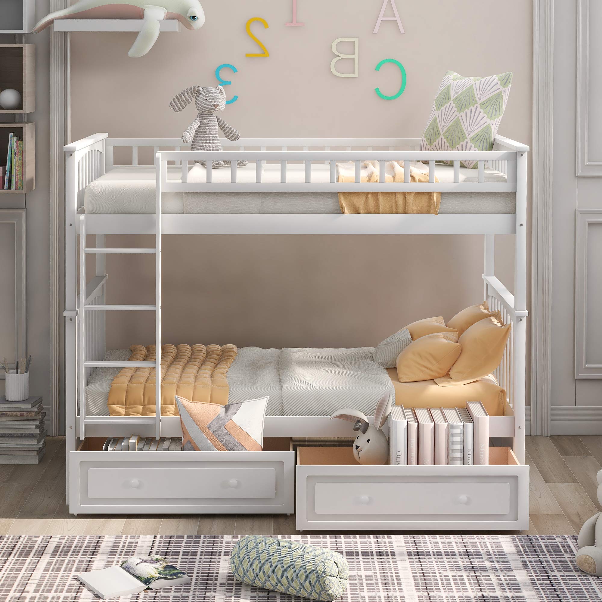 SOFTSEA Twin Over Twin Bunk Bed with Storage Drawers - Convertible Wooden Bunk Beds for Kids & Teens - Separates into 2 Twin Beds (White) - Perfect for Small Bedrooms, Shared Kids Rooms & Space-Saving Solutions