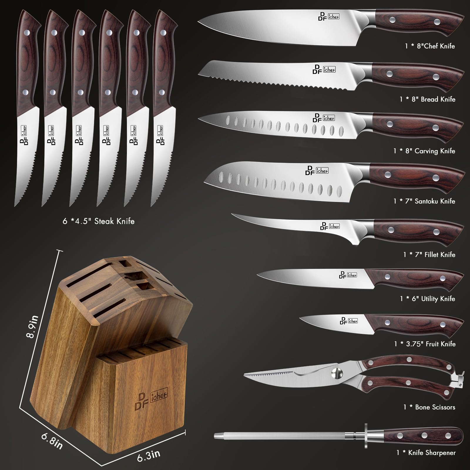 DDF iohEF 16-Piece Japanese Stainless Steel Kitchen Knife Set with Block & Sharpener - Ultra Sharp Professional Chef Knives with Ergonomic Handle for Meat, Vegetables & Fruits - Perfect for Home Cooking & Professional Kitchens