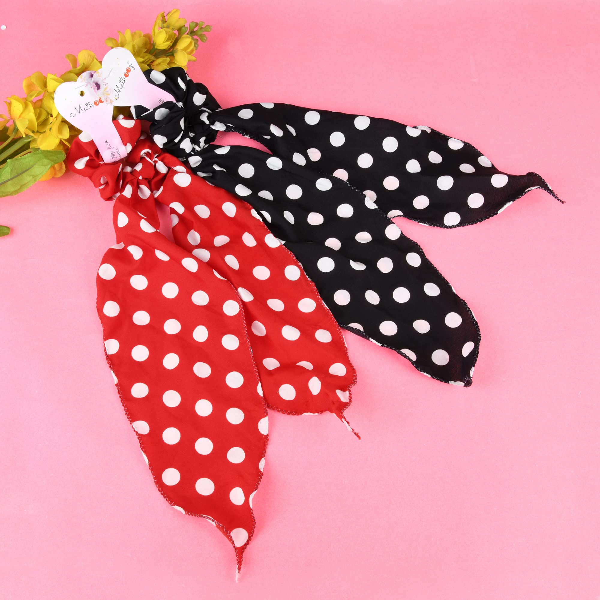 Matkooz Polka Dot Hair Scarf & Scrunchies 2-Pack - Elastic Hair Ties for Women, 2-in-1 Ponytail Holder & Headband Accessory (Red/Black) - Perfect for Workouts, Yoga, and Everyday Fashion Styling