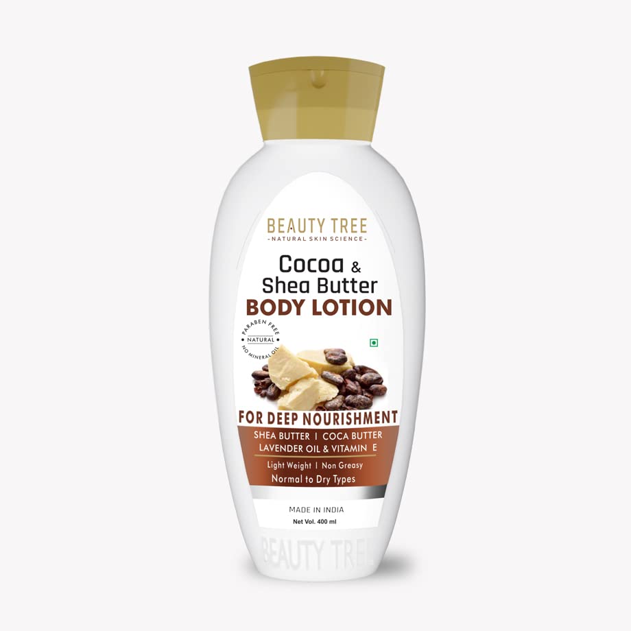 BEAUTY TREE Cocoa & Shea Butter Body Lotion - Deep Moisturizing for Dry Skin with Shea Butter, Cocoa Butter, Lavender Essential Oil & Vitamin E - 400ml - Perfect for Daily Hydration & Relaxing Massage at Home or Spa