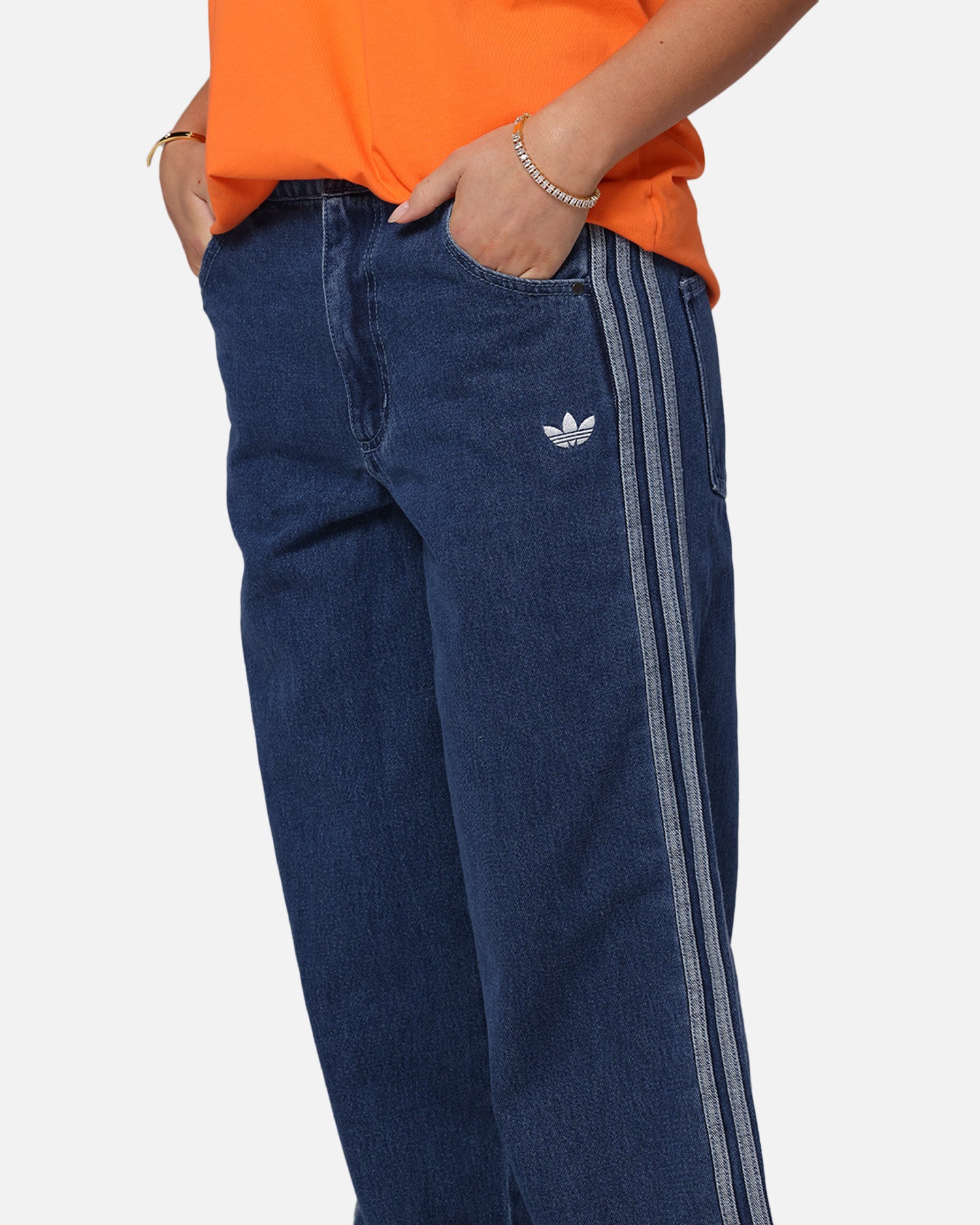 Adidas Women's 3 Stripes Denim Track Pants - Casual Athletic Joggers for Running, Workout & Streetwear Fashion (Indigo Blue)