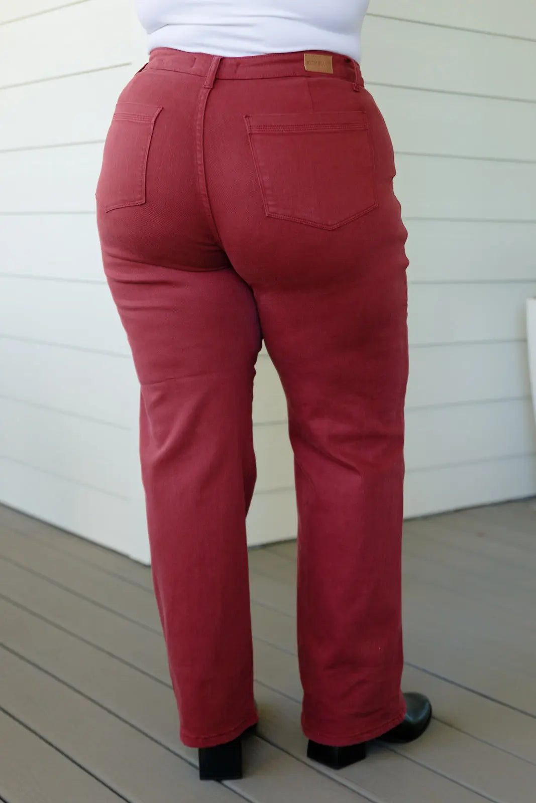 Phoebe High Rise Front Seam Straight Jeans in Burgundy - Women's Slim Fit Stretch Denim Pants for Casual Wear & Everyday Outfits