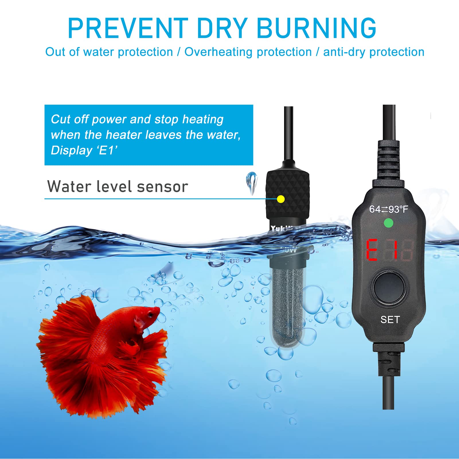 YukiHalu Small Submersible Aquarium Heater - Adjustable Mini Fish Tank Heater 25W 50W 100W 200W 300W with External Temperature Controller & LED Display for 5-60 Gallon Tanks (25W) - Perfect for Tropical Fish, Betta Tanks & Home Aquariums