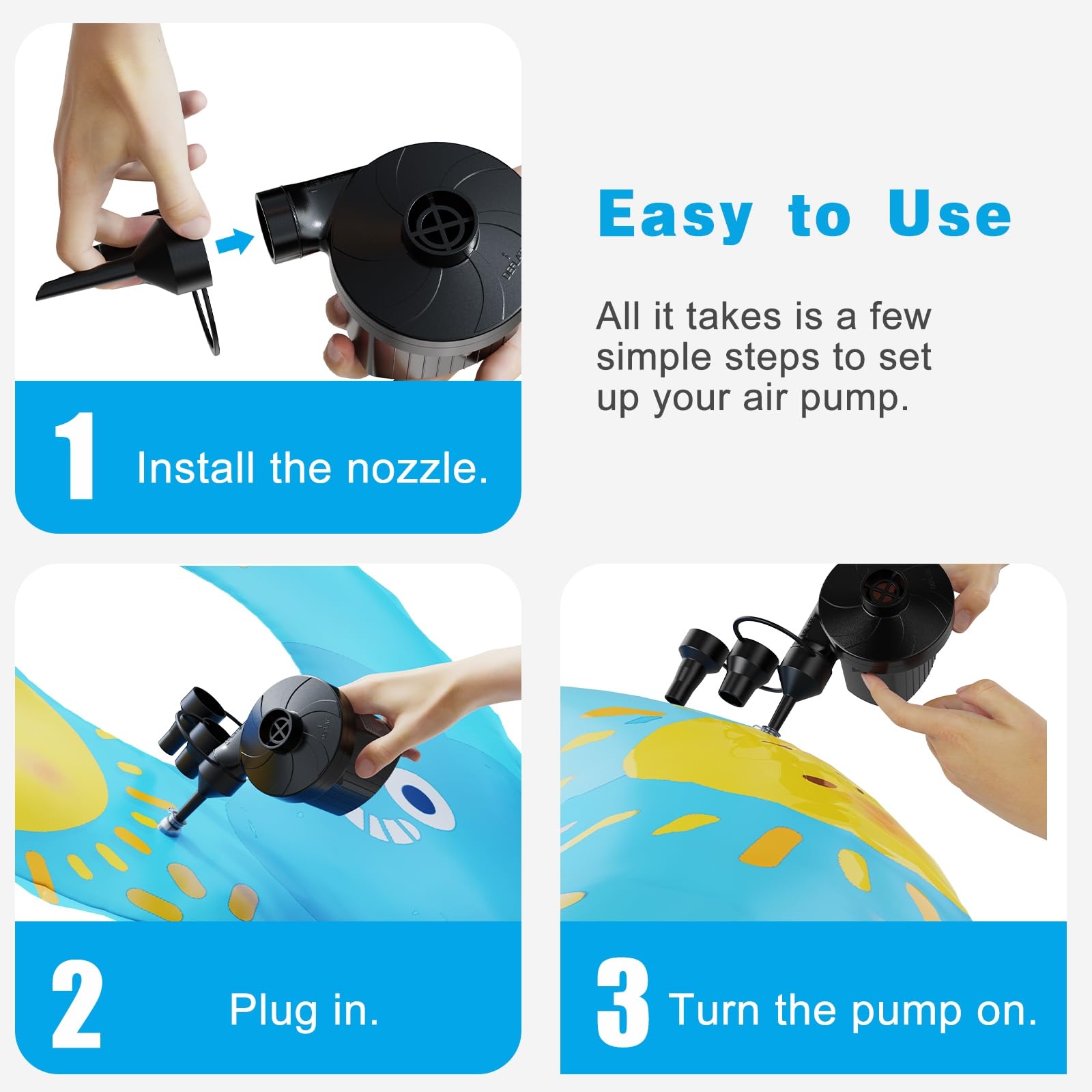 Electric Air Pump for Inflatables - Portable Quick-Fill Pump with 3 Nozzles (110-120V) | Inflator & Deflator for Air Mattress, Pool Floats, Boats, Camping Gear | Perfect for Outdoor Adventures, Home Use & Emergency Inflation