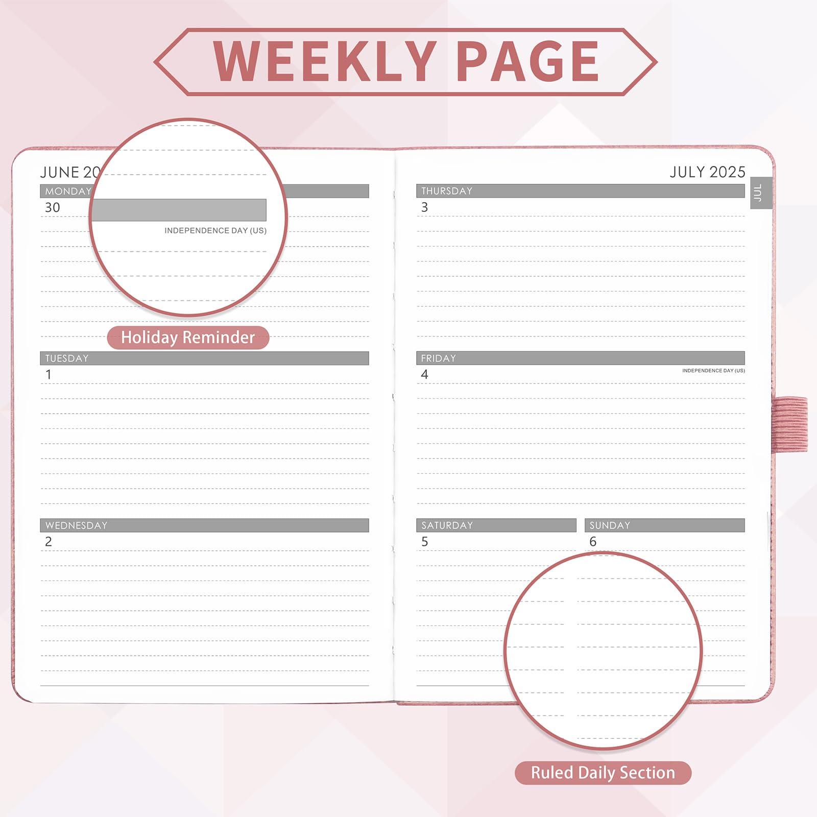 2025-2026 Academic Planner - Weekly & Monthly Planner from July 2025 to June 2026, 5.7'' x 8.4'' Compact Size with Thick Paper, Leather Cover, Pen Holder & Back Pocket - Rose Gold - Perfect for Students, Professionals & Daily Organization