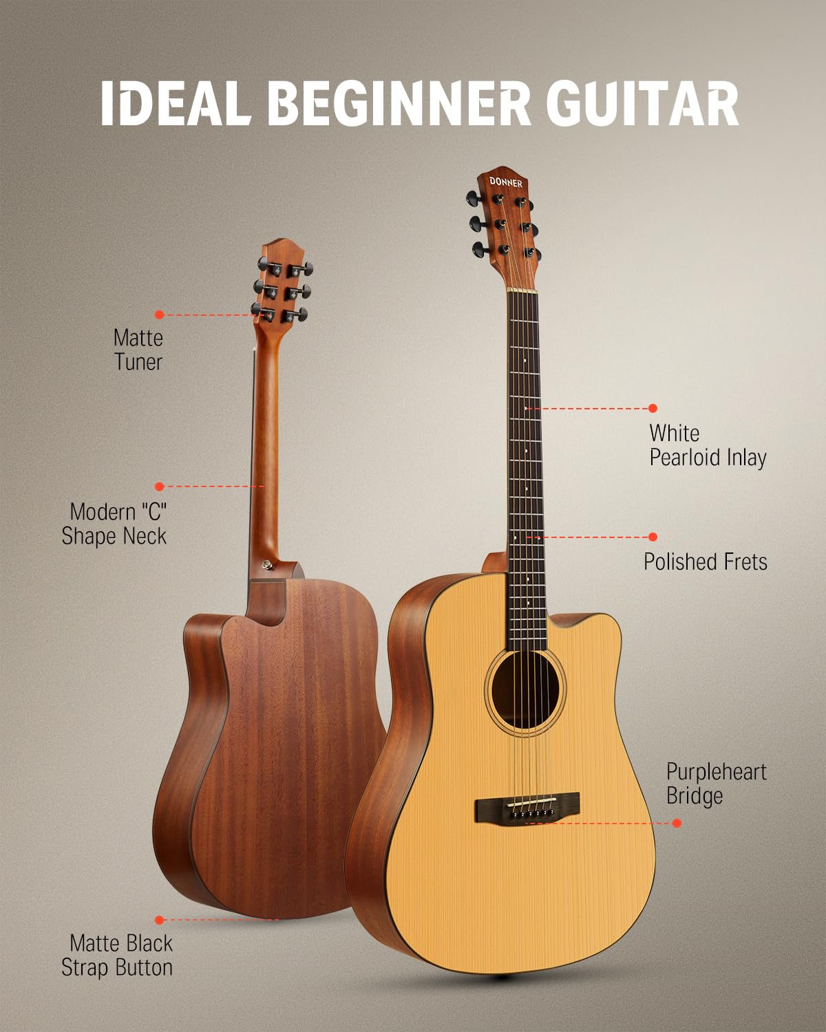 **Donner 41” Full Size Acoustic Guitar Bundle for Beginners & Adults – 4/4 Steel String Cutaway Guitar with Gig Bag, Tuner, Strap, Picks, Capos & Online Lessons – Perfect for Home Practice, Camping & Travel (Natural, DAG-1C/DAD-110C)**