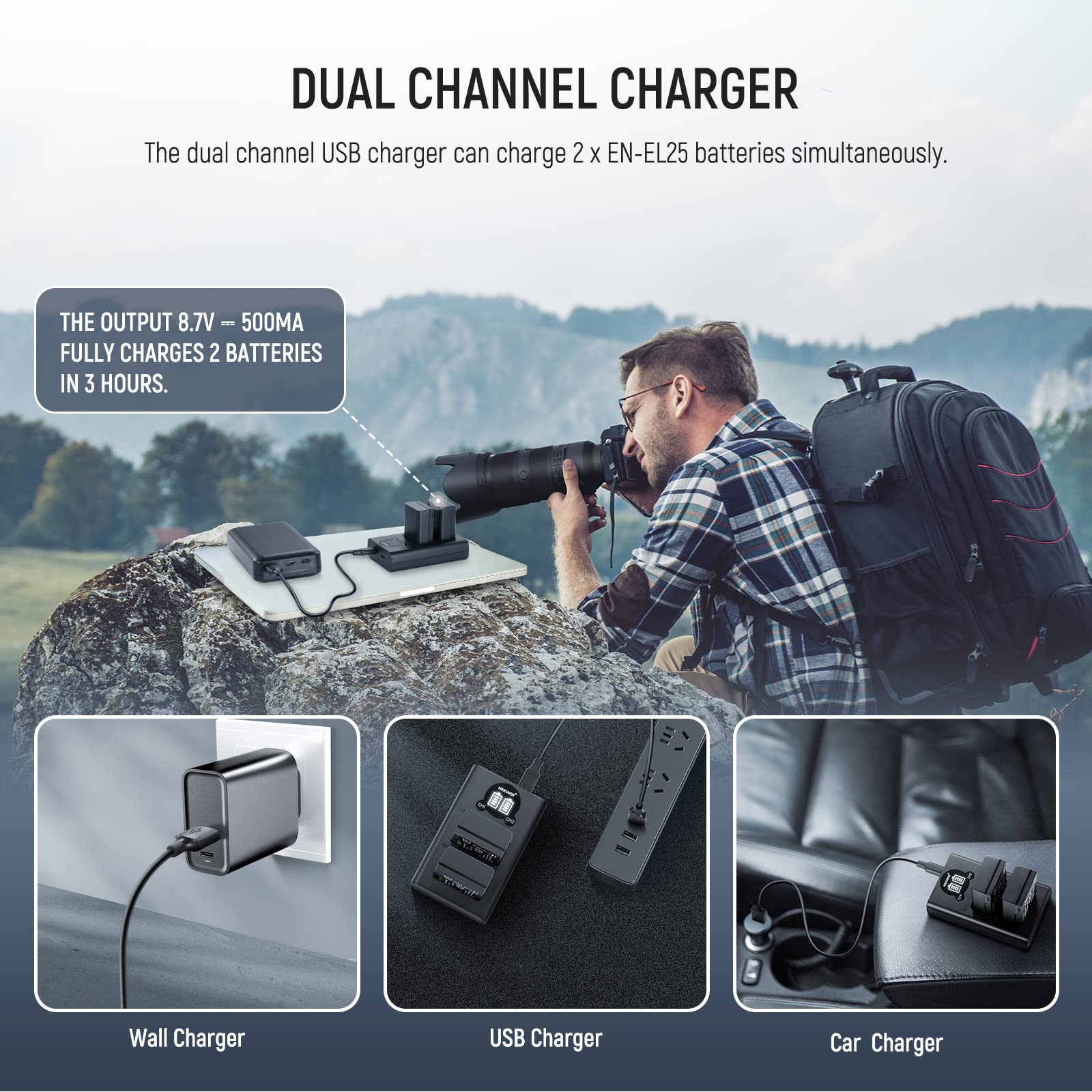 NEEWER EN-EL25 Replacement Battery and USB Charger Set - 2 Pack 1350mAh Batteries with Dual Channel Type C Charger for Nikon Z30 Z50 ZFC Cameras | Perfect for Travel Photography & Vlogging