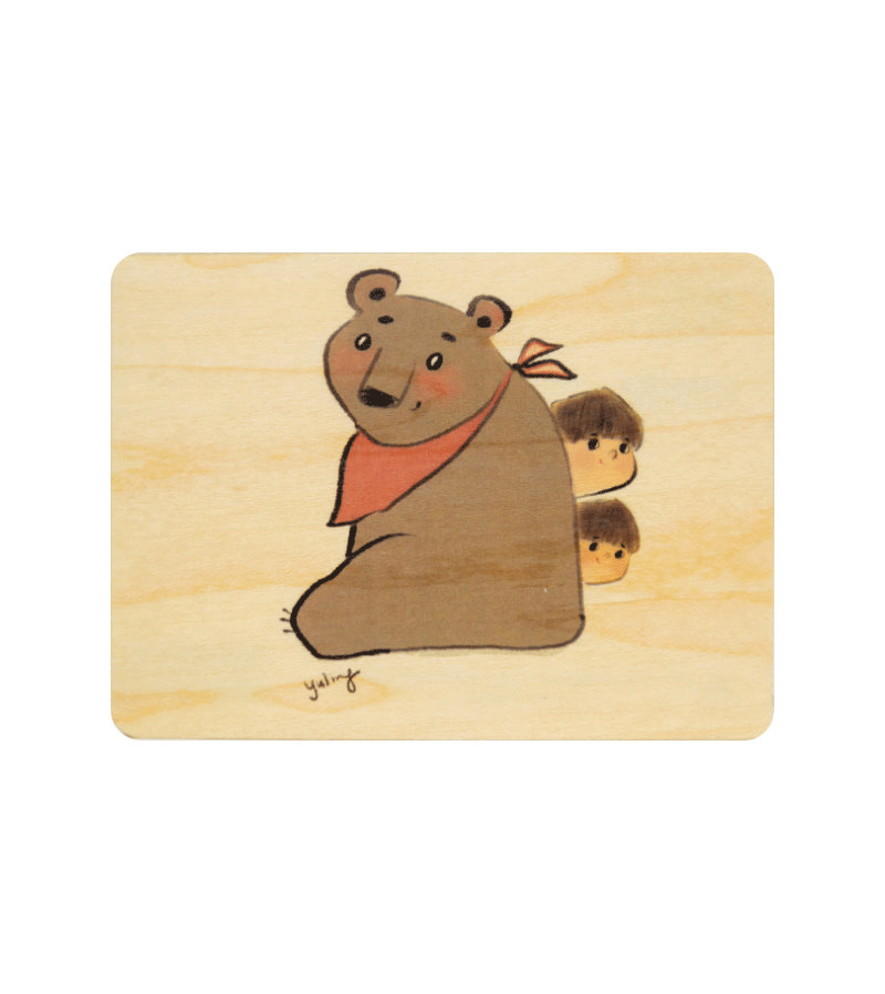 WOODHI Mini Wooden Card - Lu Yu Ling Behind a Bear Handcrafted Artwork - Perfect for Home Decor, Gift Giving & Collectibles
