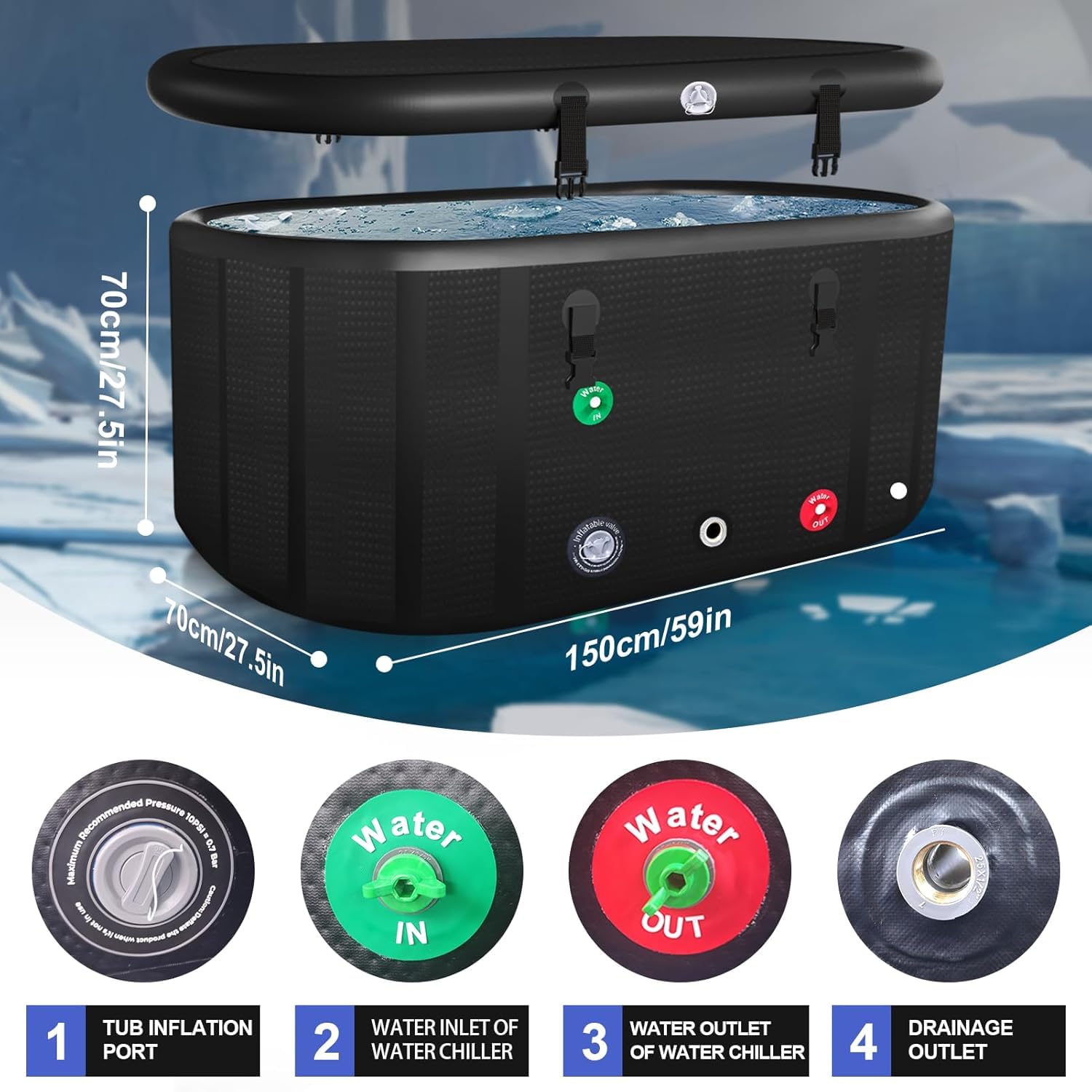 XXL 195 Gallon Inflatable Cold Plunge Tub for Athletes - Portable Ice Bath with Insulated Lid, Compatible with Water Chillers - Perfect for Cold Water Therapy, Muscle Recovery & Outdoor Use