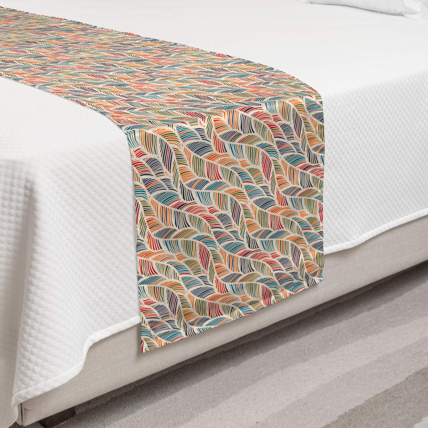 Ambesonne Boho Bed Runner - Abstract Feather Wave Pattern with Retro Look & Colorful Lines, Decorative Bed Scarf for Hotels, Homes & Guest Rooms | Perfect for Bohemian Bedroom Decor, Wedding Accents & Cozy Home Styling