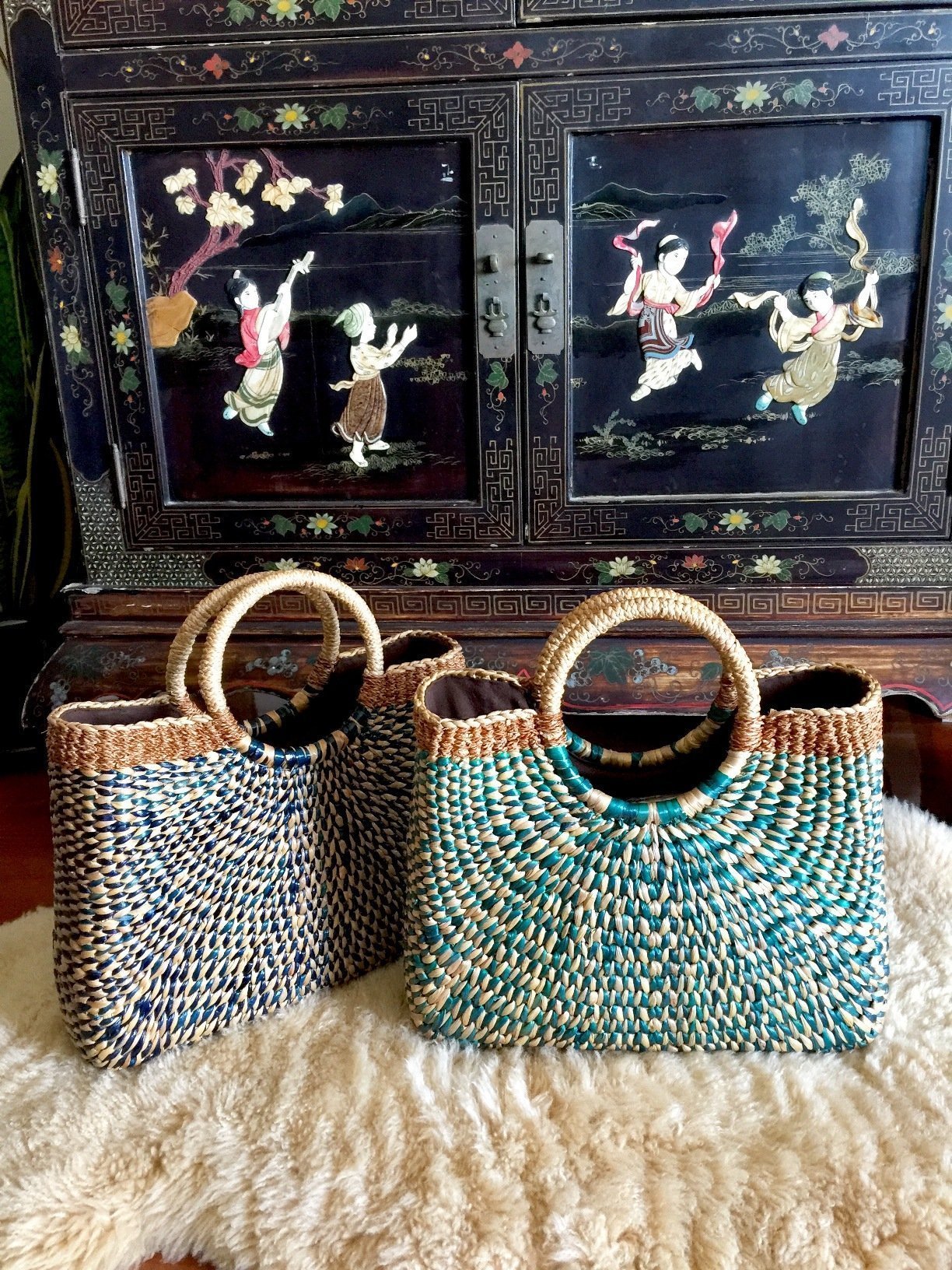 Handwoven Blue Straw Purse Basket - Eco-Friendly Beach Tote Bag with Top Handle for Women | Perfect for Summer Outings, Picnics, and Beach Vacations