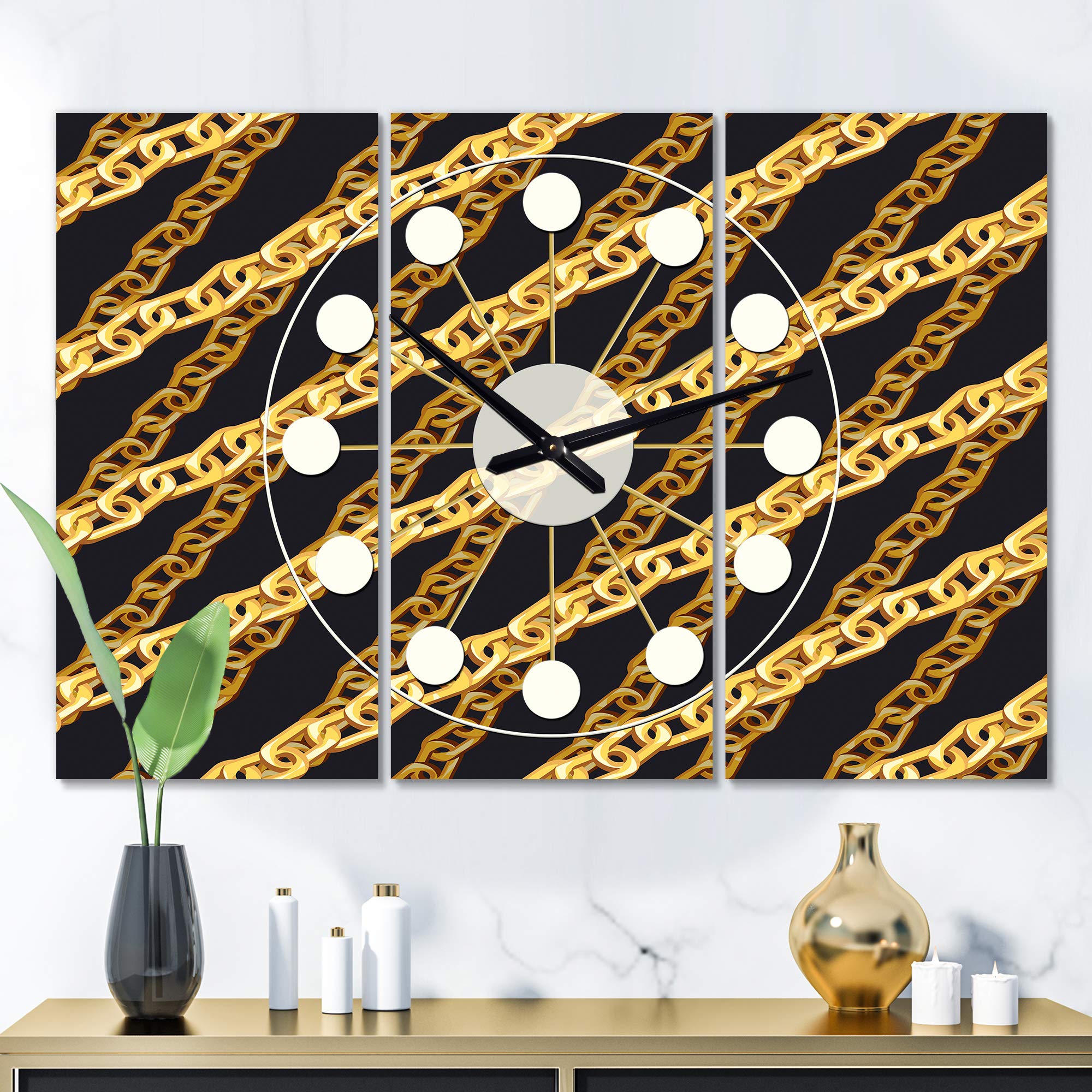 Designart Golden Zigzag Chain Wall Art - Mid-Century Modern 3 Panel Decorative Metal Clock for Home, Living Room, Bedroom & Office | Unique Wall Decor for Contemporary Spaces