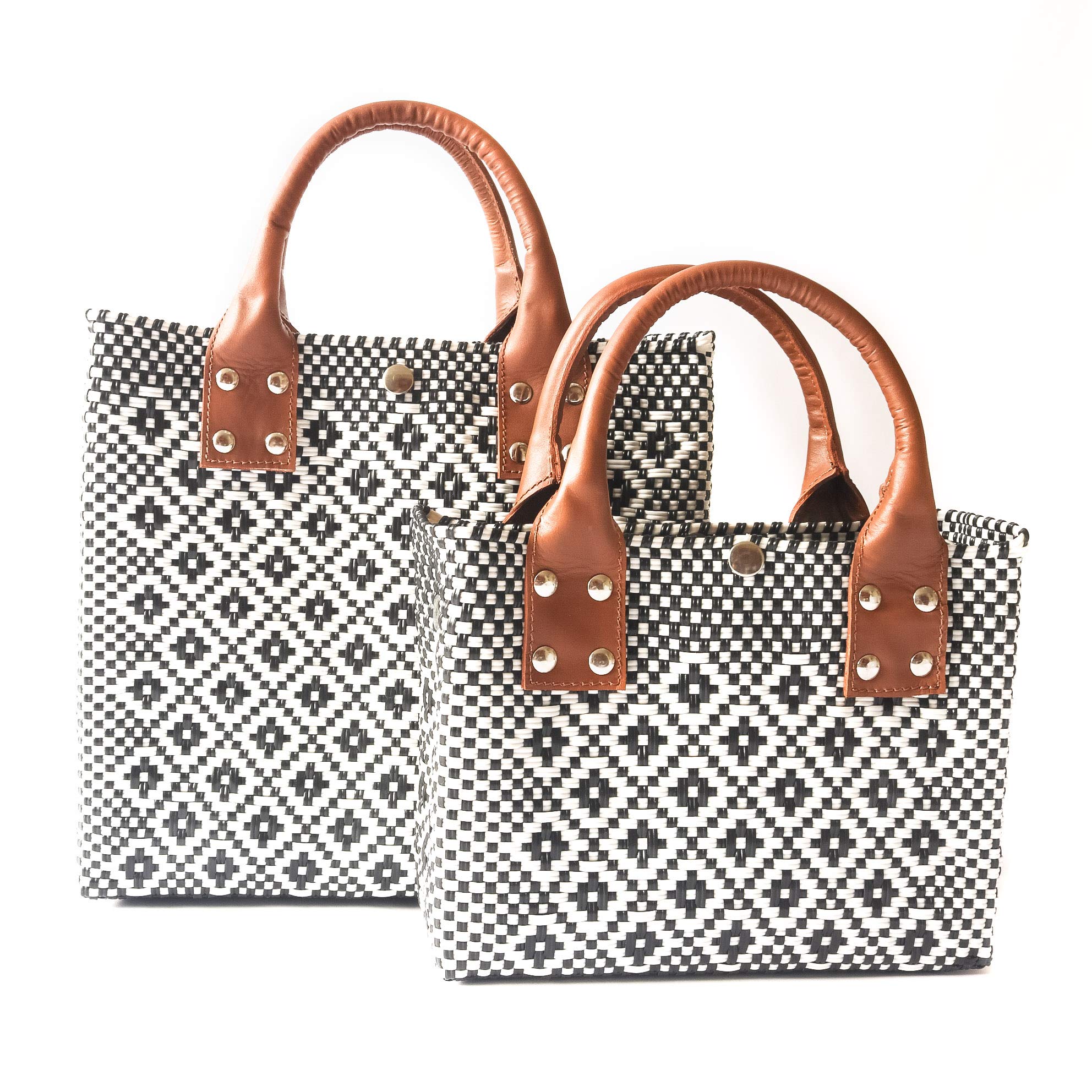 Eco-Friendly Panda Large Woven Crossbody Bag with Tan Leather Handles - Handwoven Recycled Plastic Purse, Mexican Woven Tote for Women | Perfect Summer Bag, Work Bag & Everyday Purse for Office, Travel & Shopping