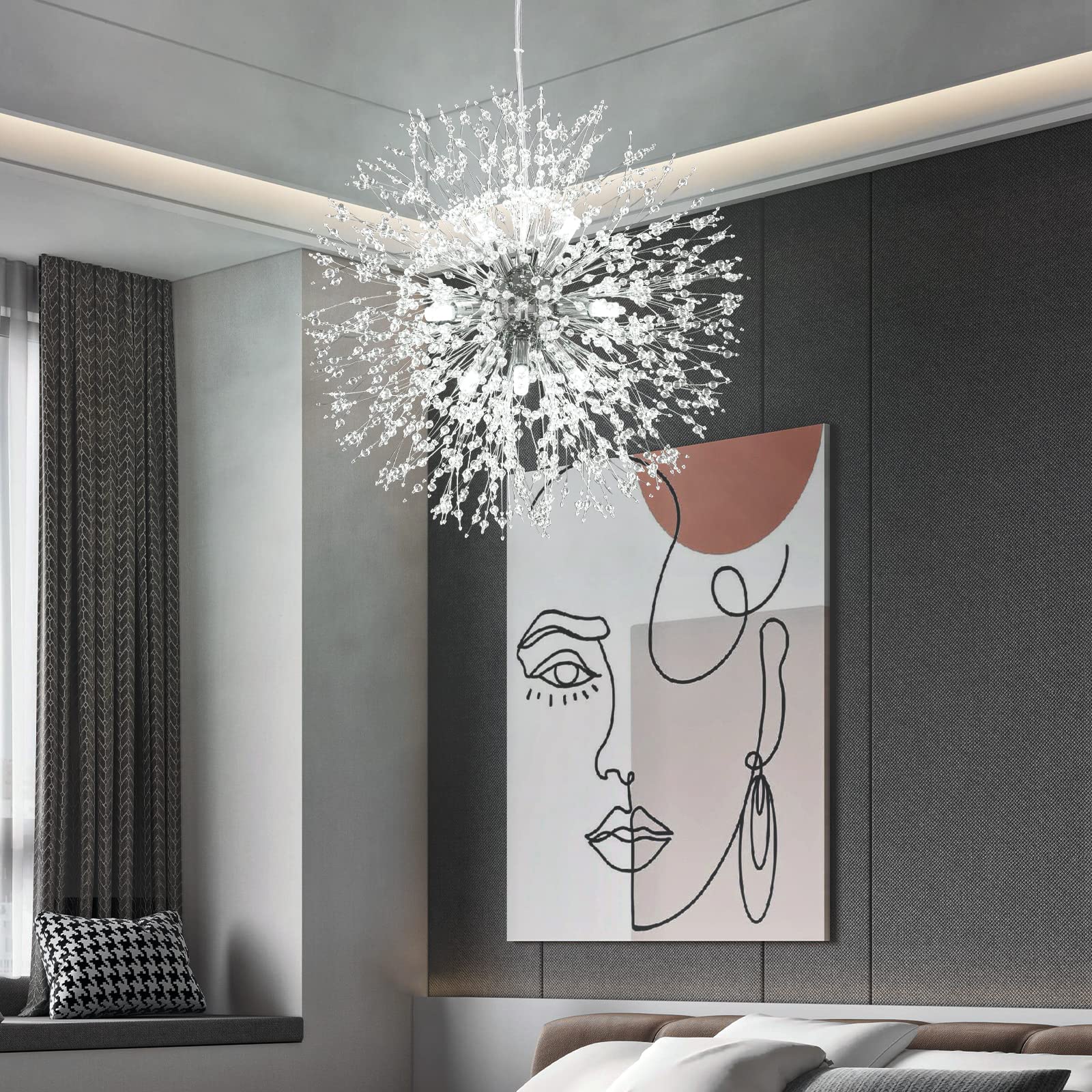 Modern Chandeliers Firework Dandelion Sputnik Chandelier - 9-Light Crystal Chrome Pendant Lighting Fixture for Kitchen Island, Dining Room, Bedroom & Living Room - Elegant Ceiling Light for Home Decor, Wedding & Restaurant Ambiance