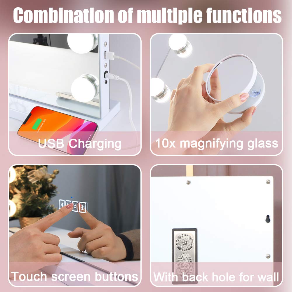 Extra Large Hollywood Vanity Mirror with Bluetooth Speaker, 18 Dimming LED Lights, Touch Screen & USB Charging Port – Perfect for Makeup, Skincare, and Dressing Table
