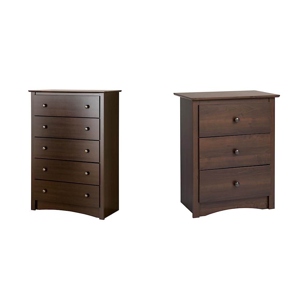 Prepac Sonoma Traditional Tall Nightstand and 5-Drawer Chest - Espresso Finish - Solid Wood Bedroom Furniture for Storage & Organization - Perfect for Master Bedroom, Guest Room or Apartment