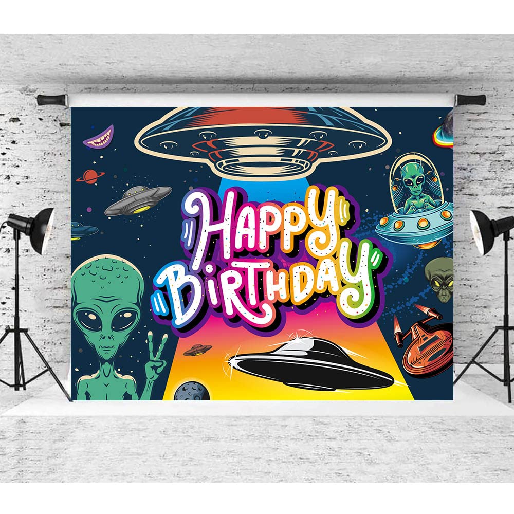 Funny UFO Happy Birthday Decorations Backdrop - Outer Space Alien UFO Theme Party Supplies (73'' x 50'') for UFO Lovers, Sci-Fi Birthday Party Decor, Wall Banner & Photo Booth Background